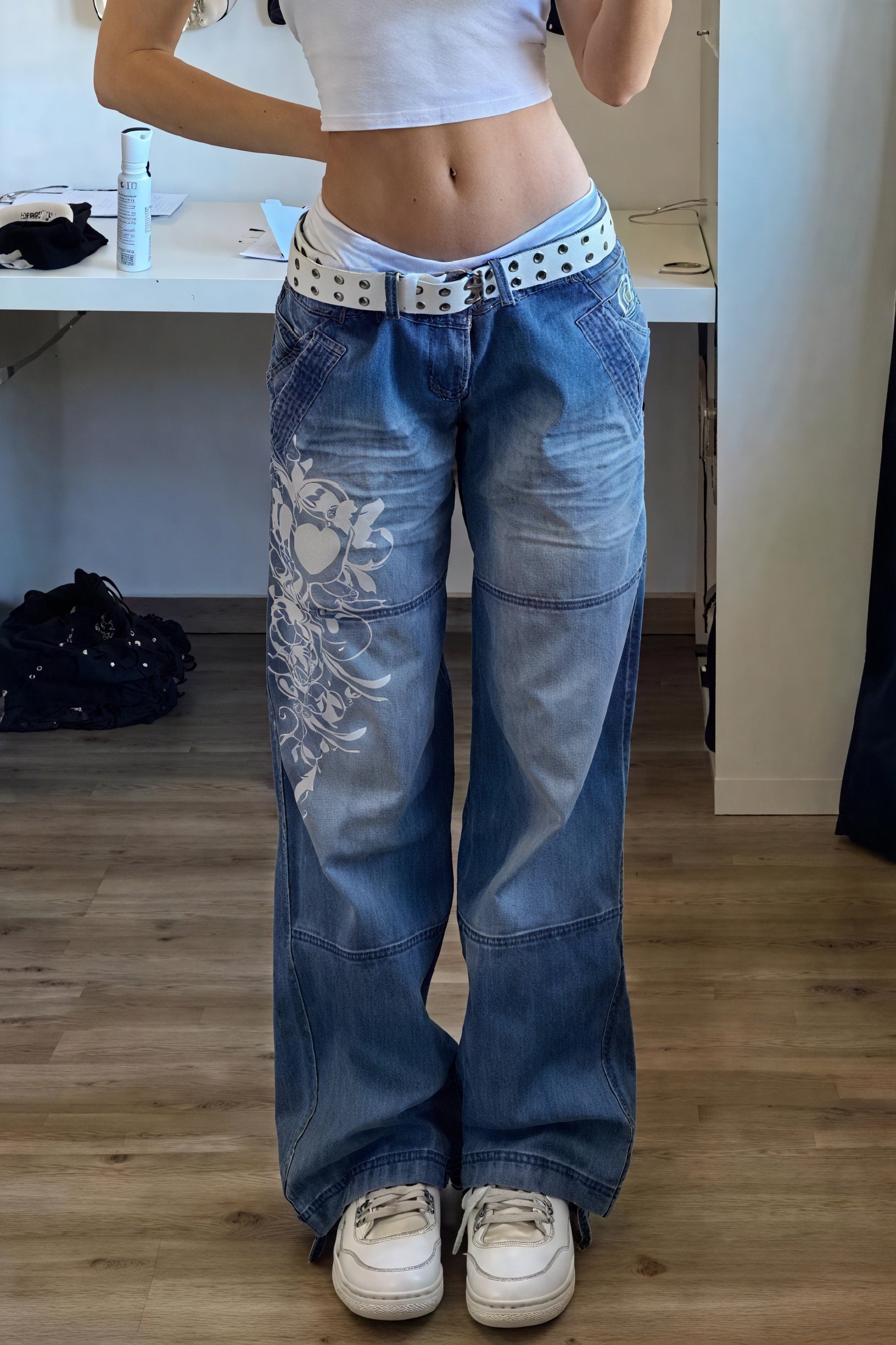 Jean Baggy Femme, Coupe Large, Motifs Floraux, Taille Haute-Pants-Marais Paris-Bleu-S-Marais Paris