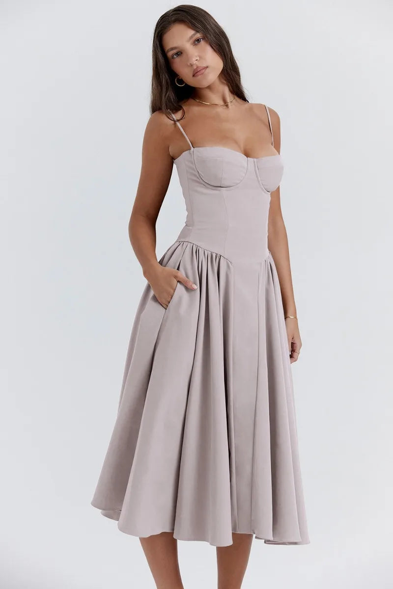 Robe Midi Femme – Bretelles Fines, Corsage Structuré, Jupe Plissée, Poches-83506-7a50ceae-9c21-443c-acd1-e1803534006f