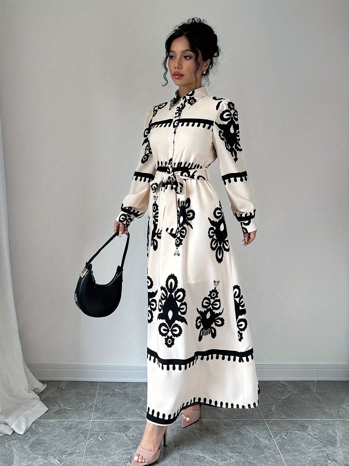 Robe Longue Femme Imprimée – Manches Longues, Ceinture à Nouer, Motif Exclusif-83357-7cbada7f-a7d2-4cc3-a86b-e58a6c5207c6