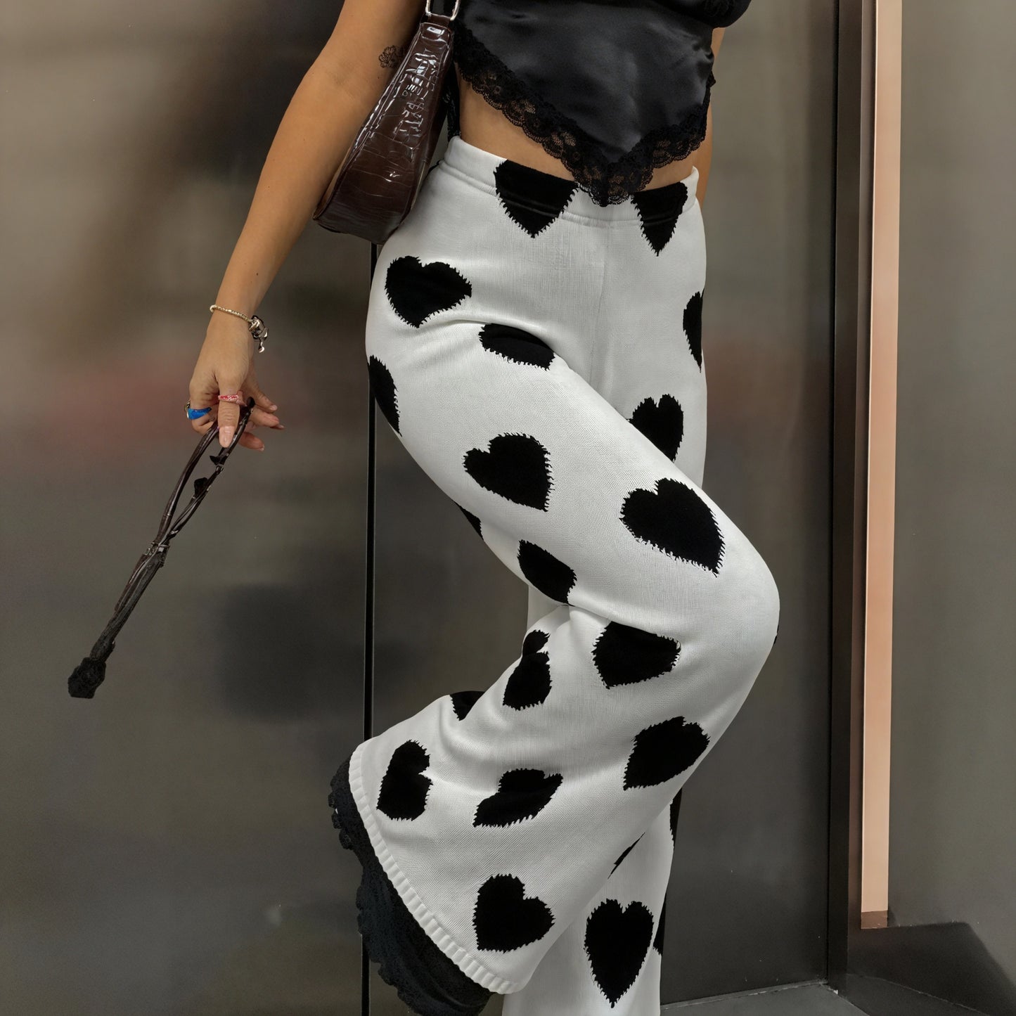 Pantalon Tricot Femme Motif Cœur Jambes Larges Taille Haute-Pants-Marais Paris-Marais Paris