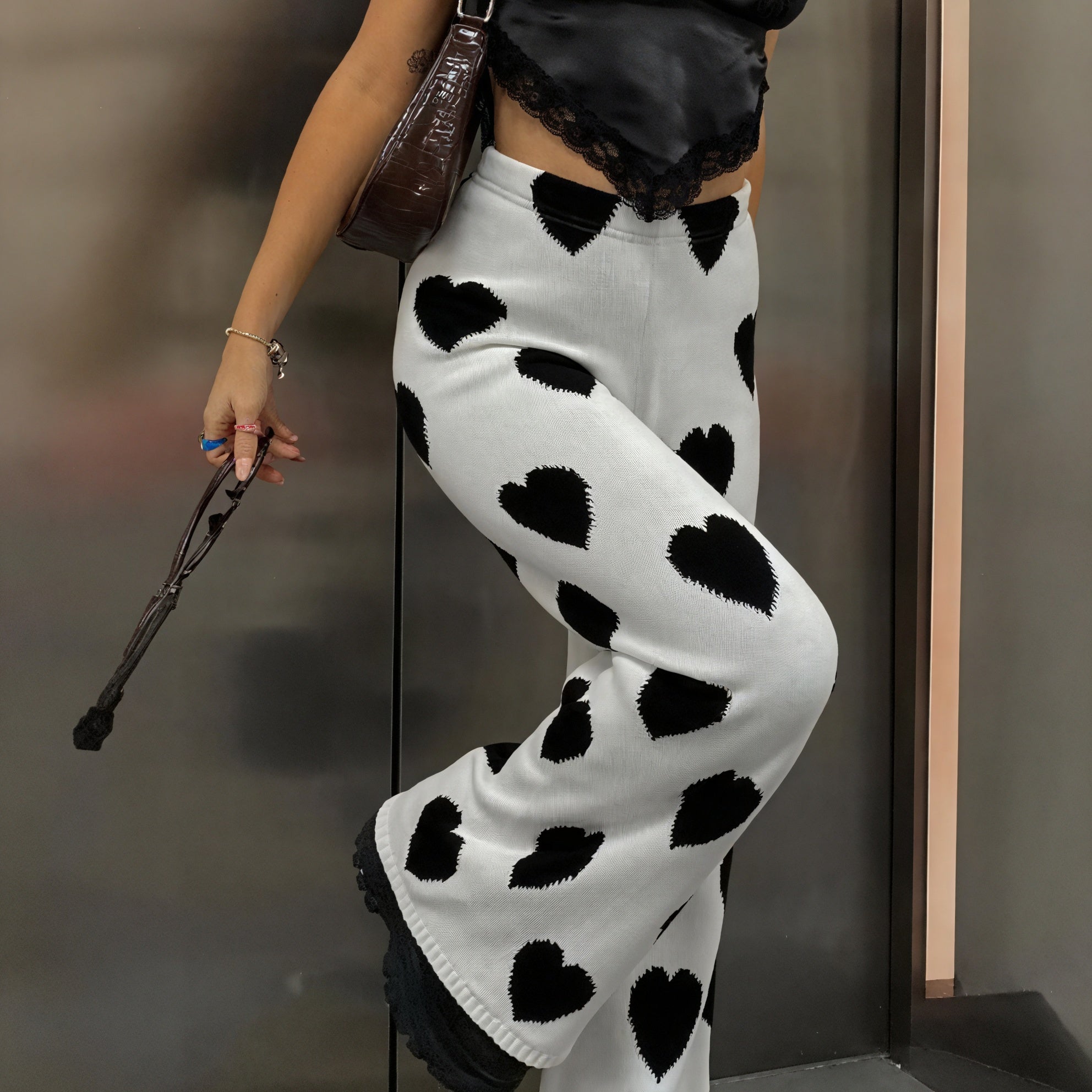 Pantalon Tricot Femme Motif Cœur Jambes Larges Taille Haute-Pants-Marais Paris-Marais Paris