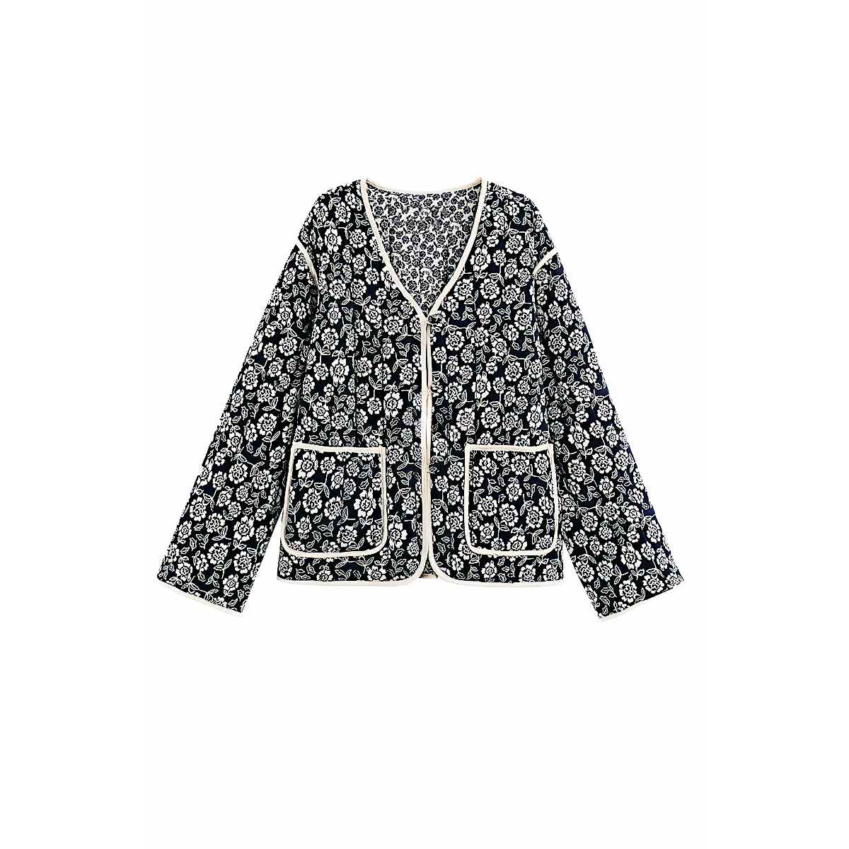 Veste Florale Femme - V-encolure, Poches Avant - Marais Paris-Jackets-Marais Paris-Bleu-S-Marais Paris