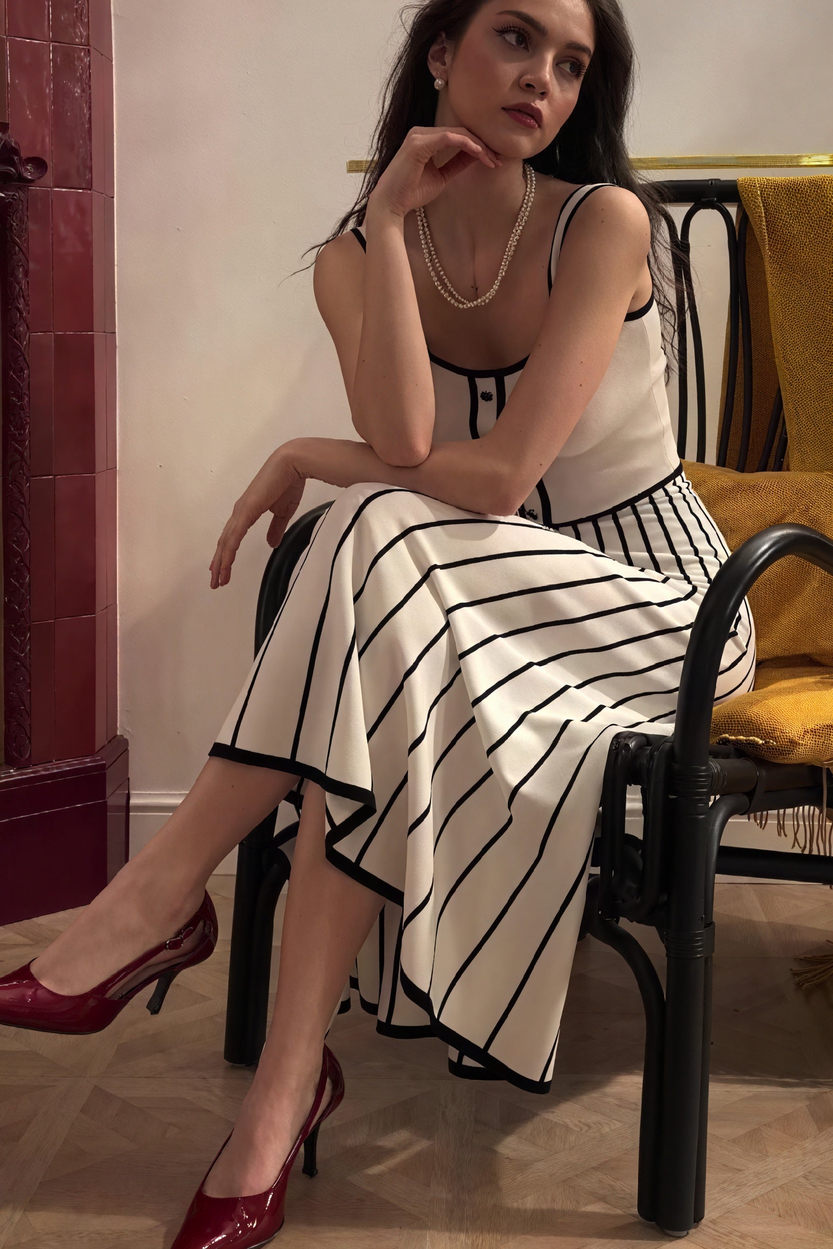 Robe Midi Rayée, Coupe Évasée, Bretelles Fines, Encolure Carrée-Dresses-Marais Paris-Marais Paris