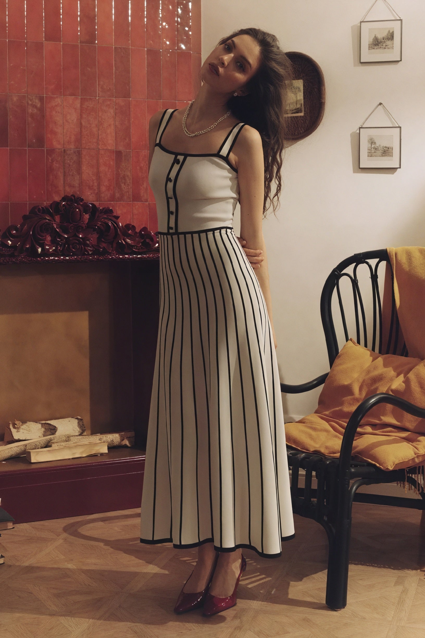 Robe Midi Rayée, Coupe Évasée, Bretelles Fines, Encolure Carrée-Dresses-Marais Paris-Marais Paris