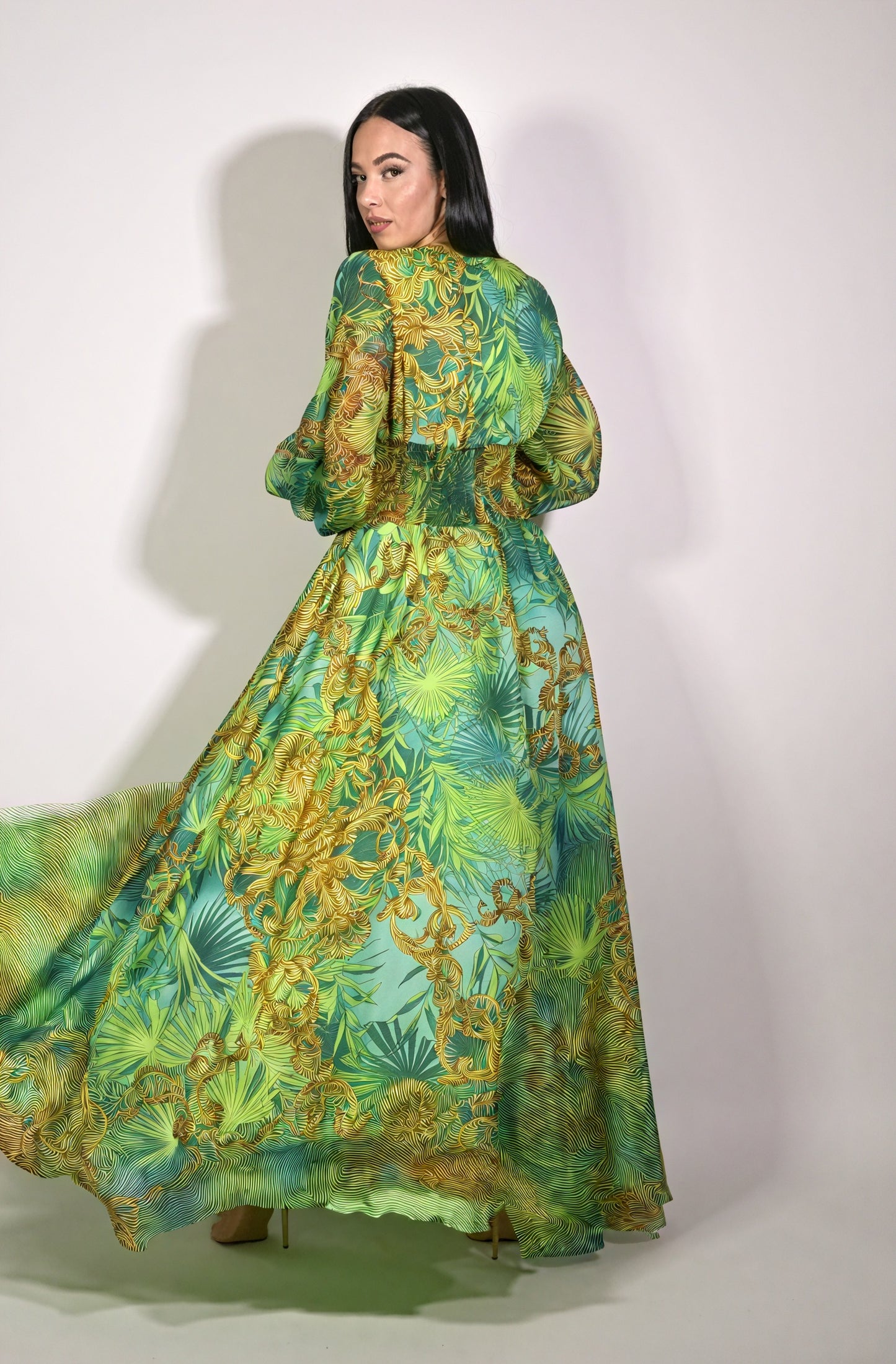 Robe Maxi à Motifs Abstraits - Encolure Plongeante, Manches Longues-Dresses-Marais Paris-Marais Paris