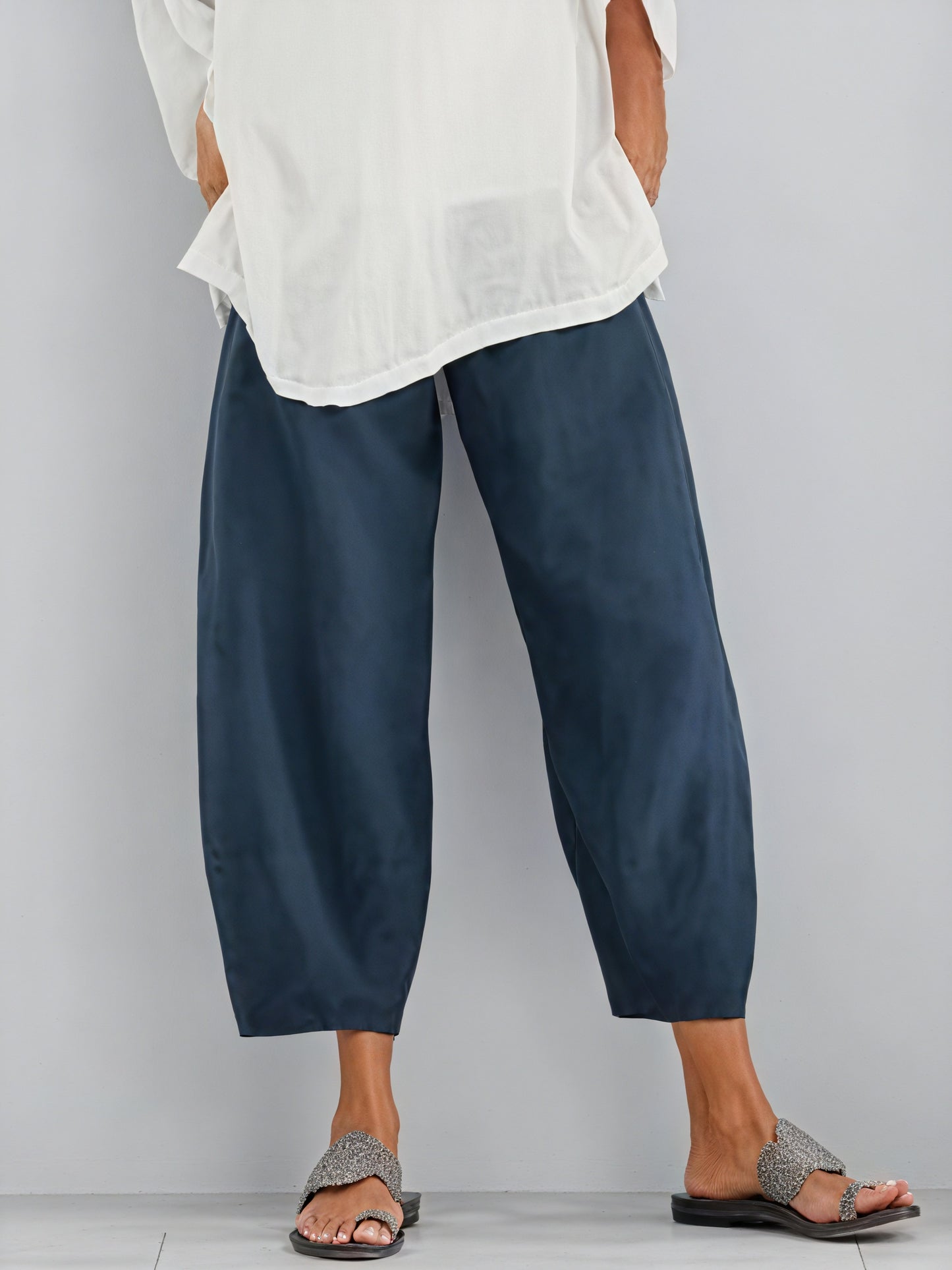 Pantalon Jambe Large Fluide Taille Haute Coupe Cheville-Pants-Marais Paris-Bleu Foncé-S-Marais Paris