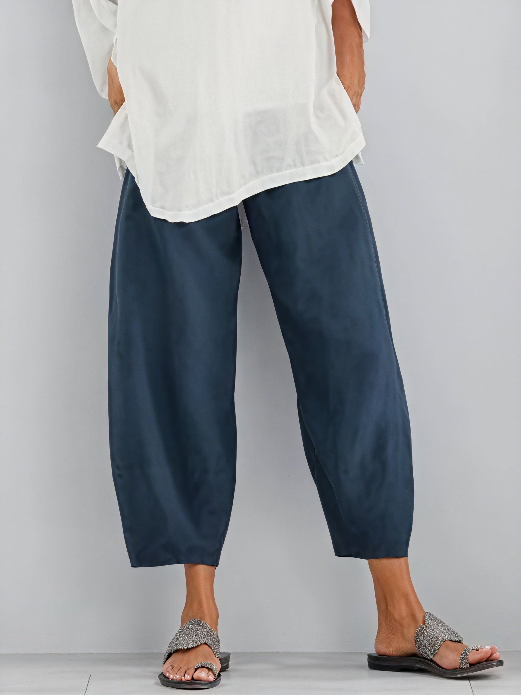 Pantalon Jambe Large Fluide Taille Haute Coupe Cheville-Pants-Marais Paris-Bleu Foncé-S-Marais Paris