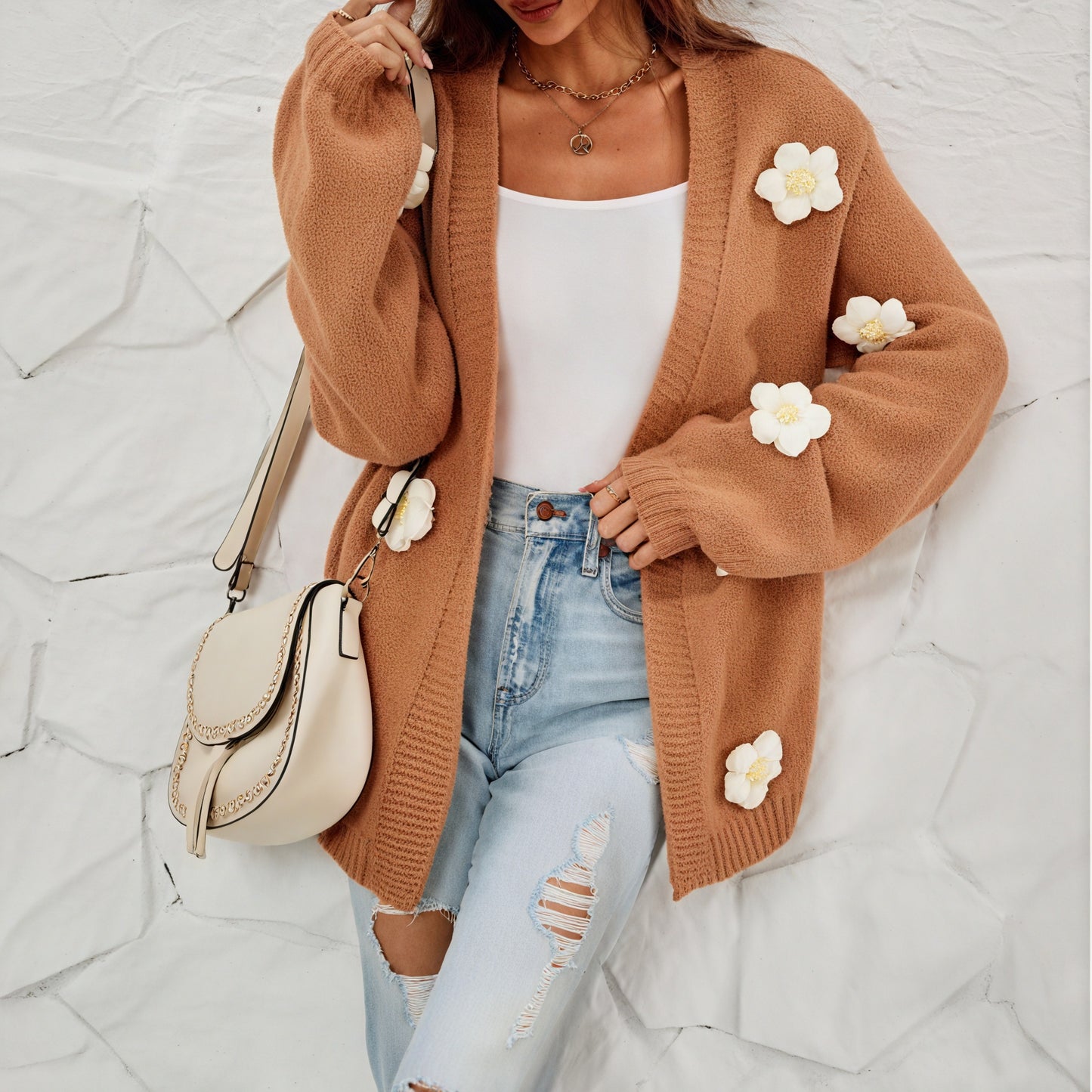 Cardigan Femme Bohème Fleurs Manches Longues V-encolure-Shirts & Tops-Marais Paris-Marais Paris