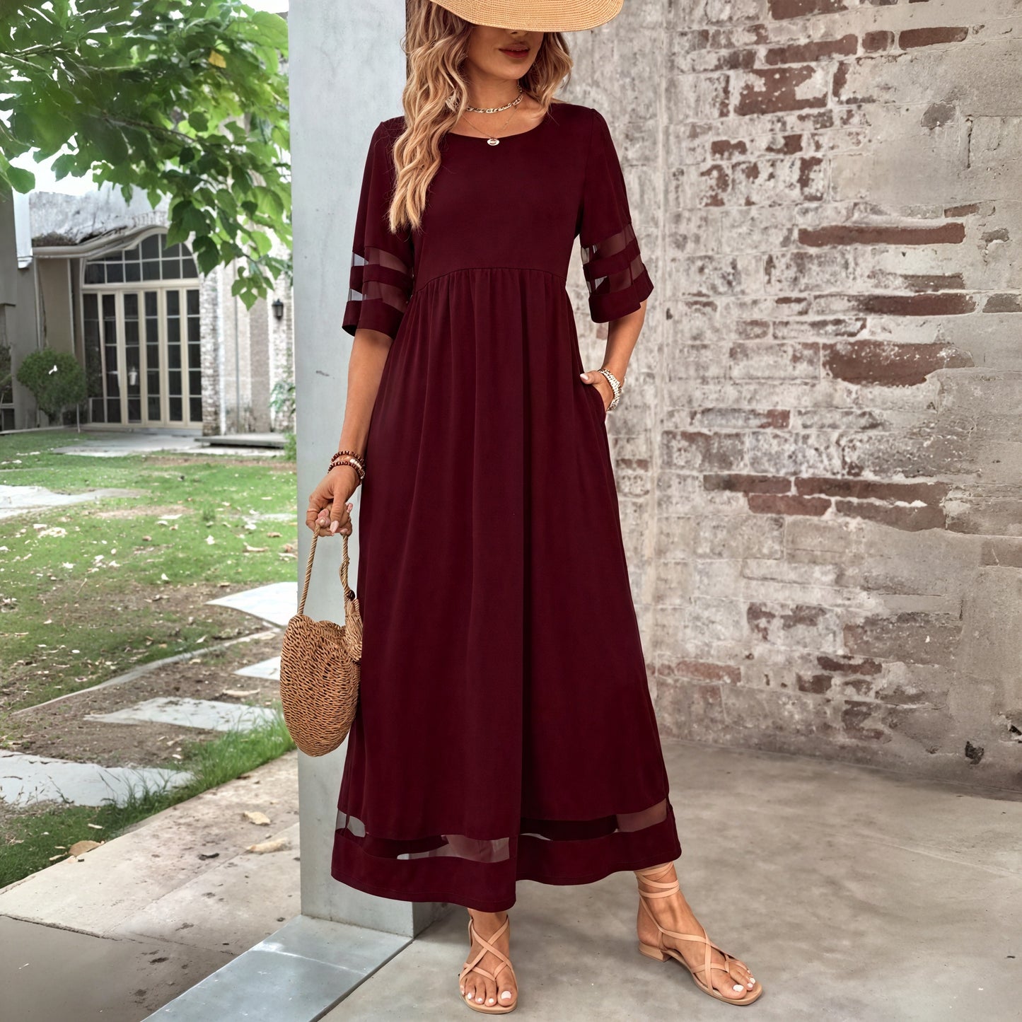 Robe Maxi Bohème Chic - Détails Mesh, Poches, Coupe Fluide-Dresses-Marais Paris-Marron-S-Marais Paris