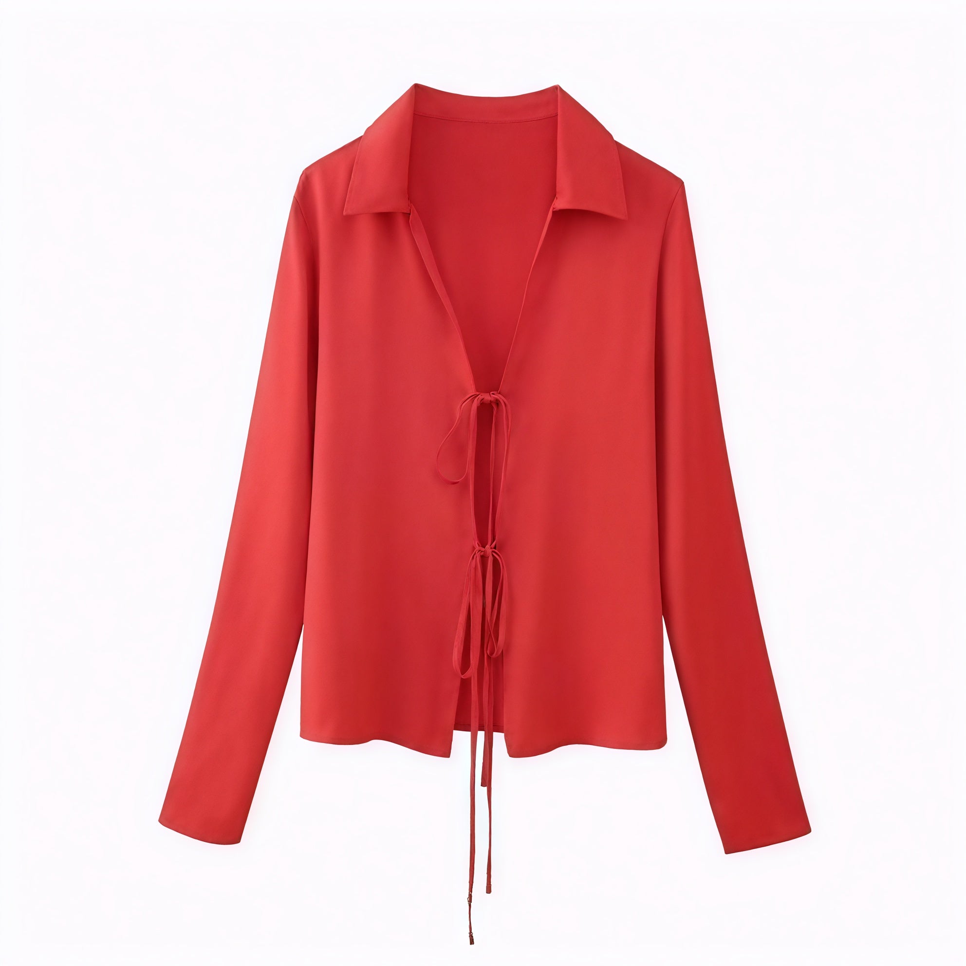 Blouse Femme Nœud Avant, Manches Longues, Col Classique-Shirts & Tops-Marais Paris-Rouge-S-Marais Paris