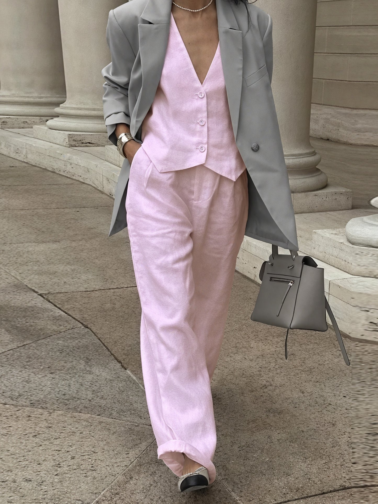 Ensemble Veston Sans Manches et Pantalon Jambes Larges-Outfit Sets-Marais Paris-Rose-XS-Marais Paris