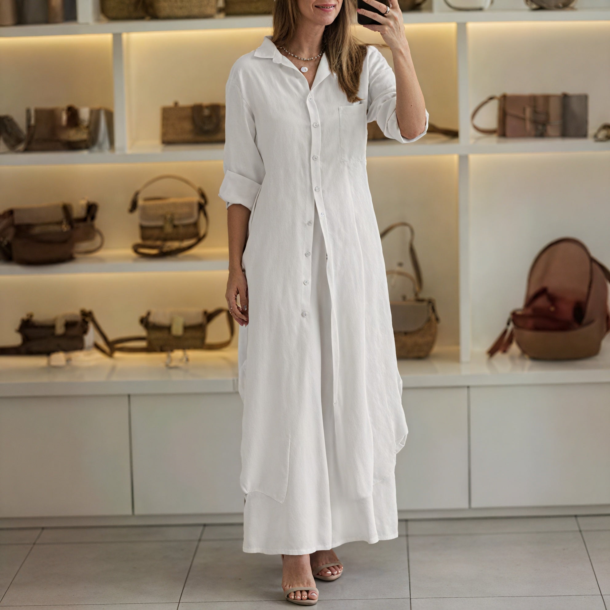 Robe Longue Boutonnée Manches 3/4 Style Chemise-Marais Paris-Blanc-S-Marais Paris