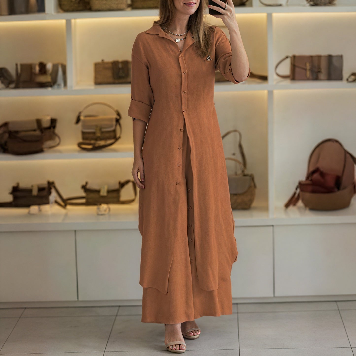 Robe Longue Boutonnée Manches 3/4 Style Chemise-Marais Paris-Marron-S-Marais Paris