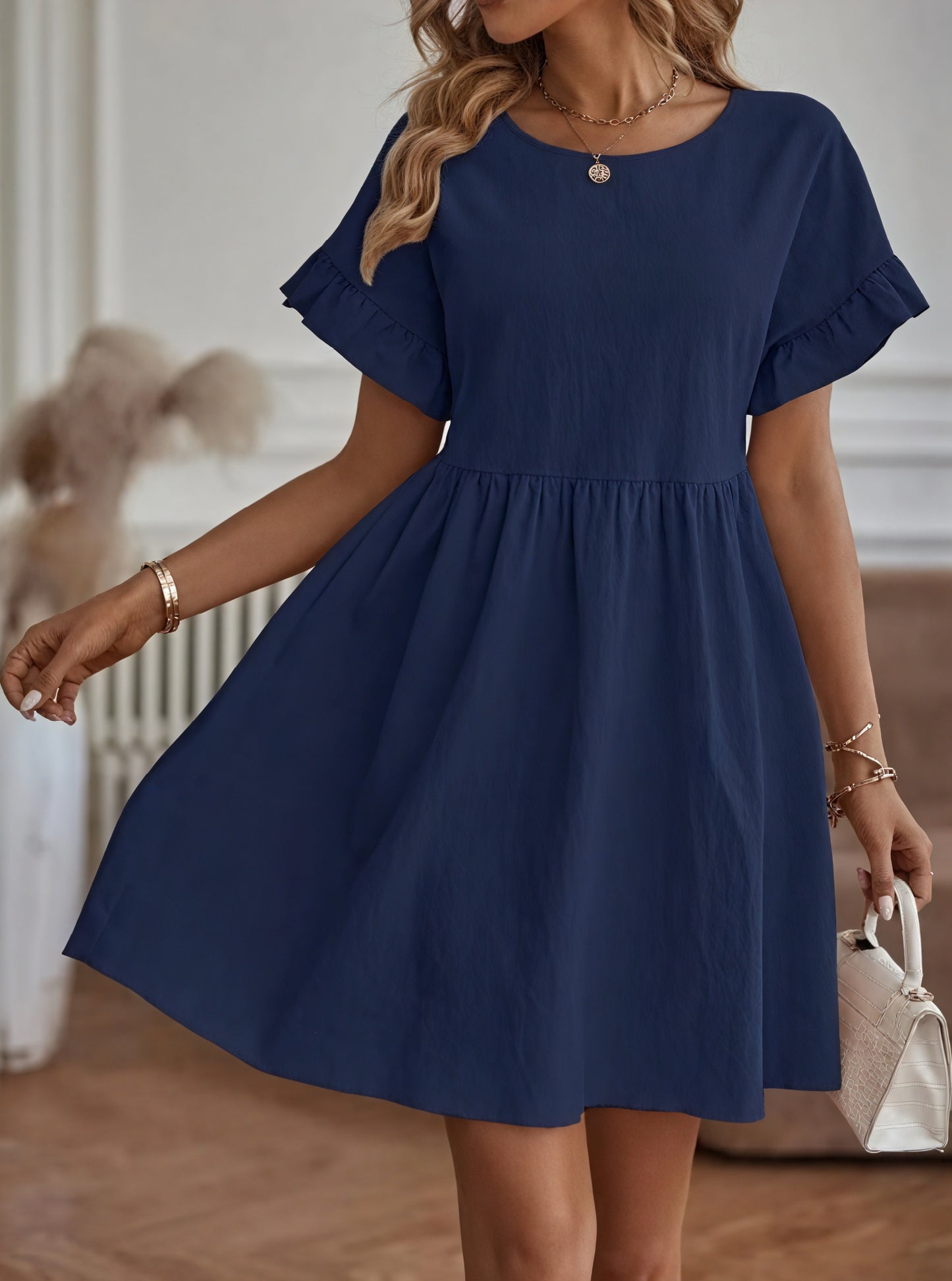 Robe Trapèze Femme Manches Courtes Volants Taille Froncée Casual-82588-68ca1c86-54c3-4ed3-95e8-c68a97bed729