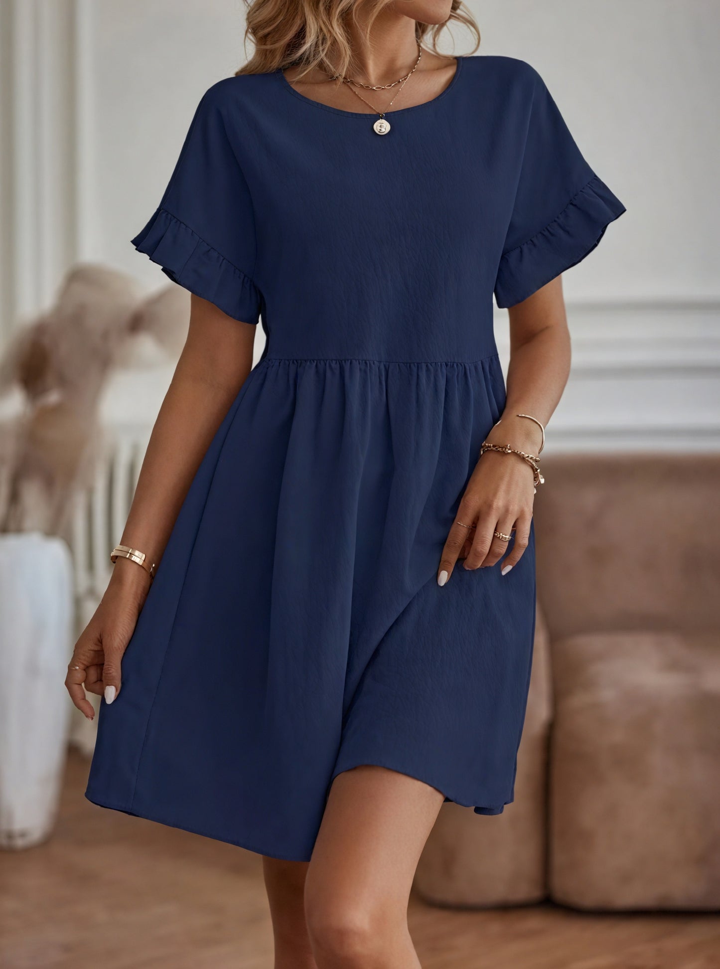 Robe Trapèze Femme Manches Courtes Volants Taille Froncée Casual-82588-dc141b8e-85c9-460b-98cf-1121fb349f2c