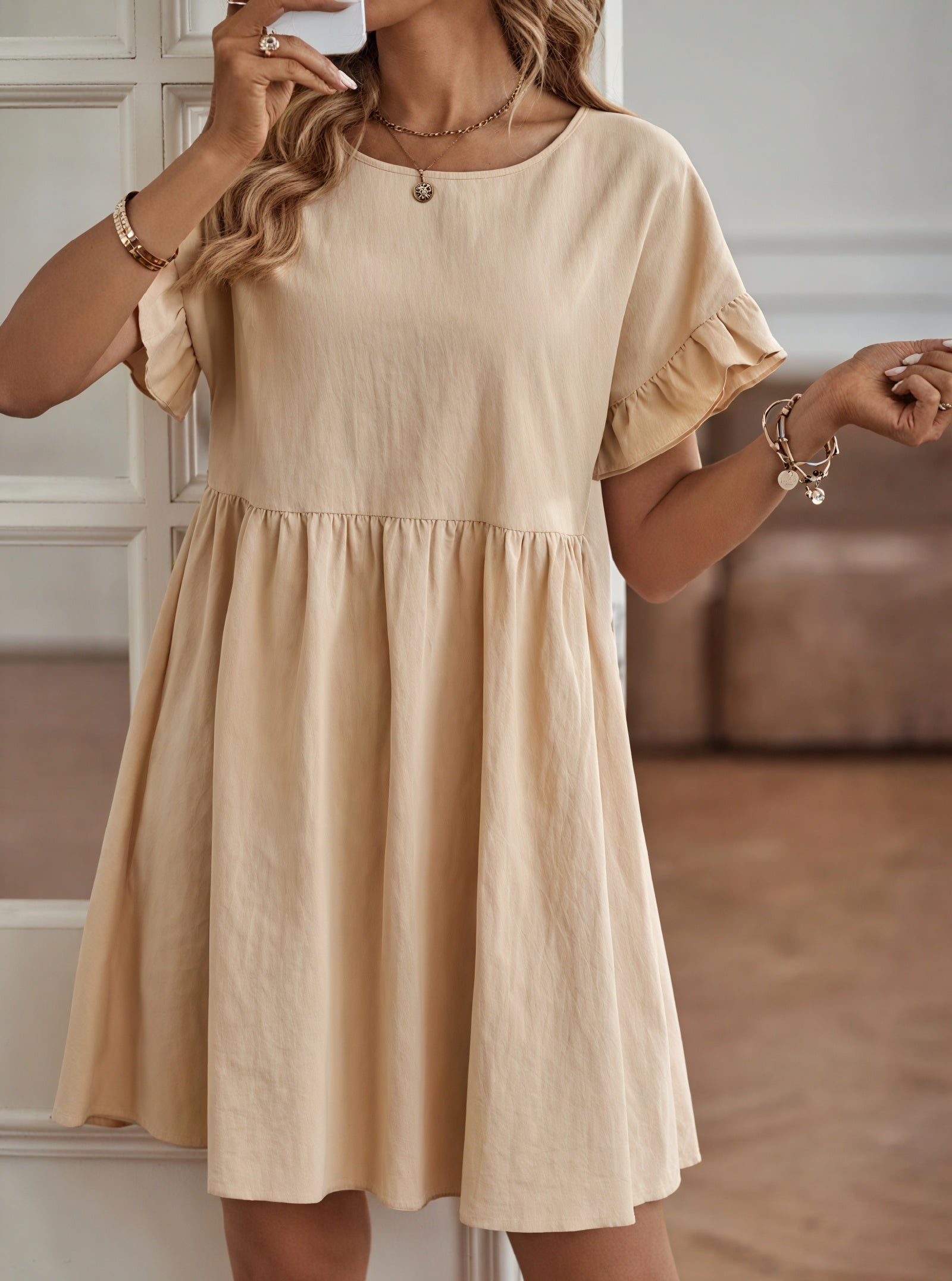 Robe Trapèze Femme Manches Courtes Volants Taille Froncée Casual-82588-04e874b0-3b16-4c7d-b8c2-bba915c3dfa5