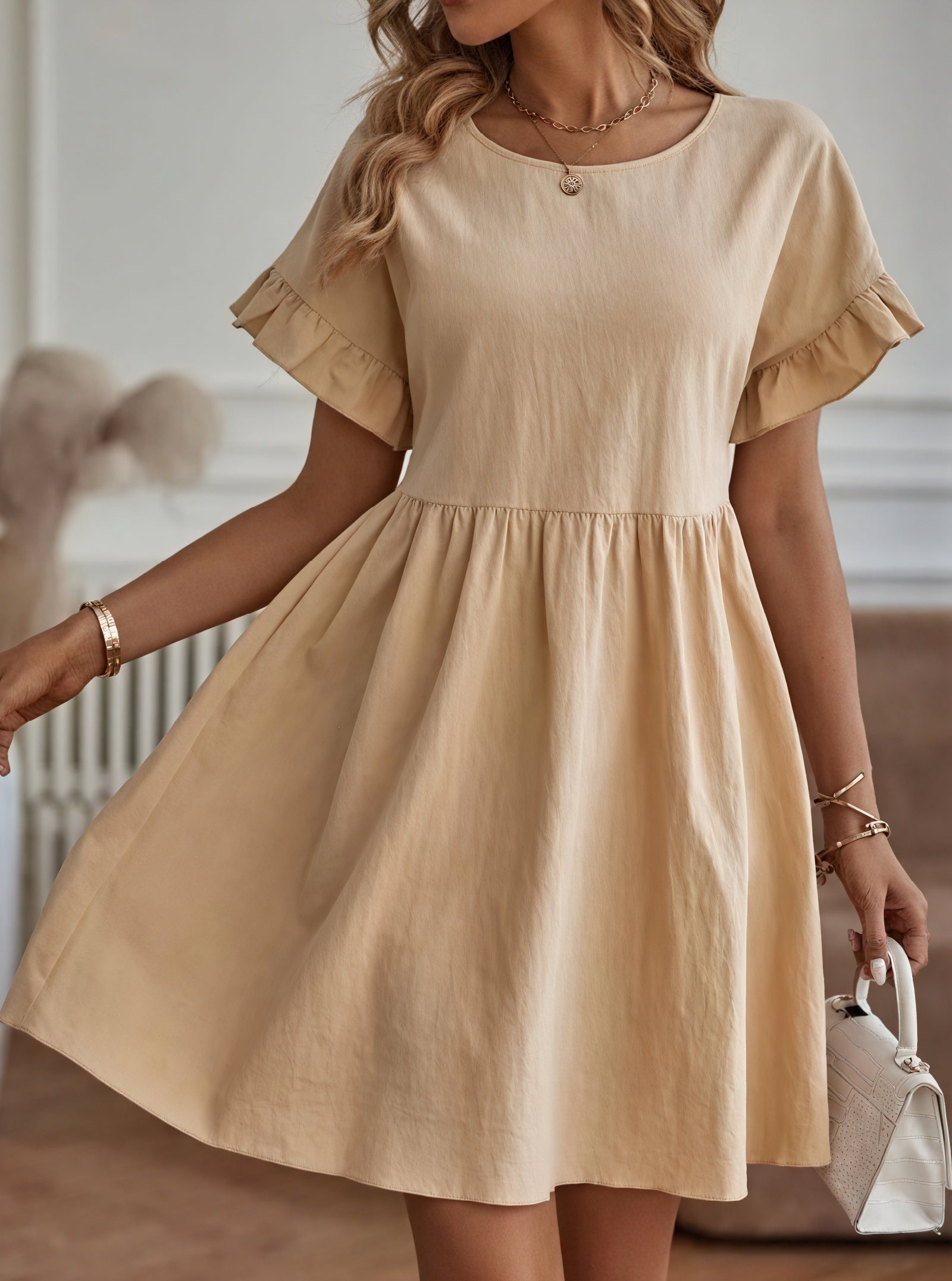 Robe Trapèze Femme Manches Courtes Volants Taille Froncée Casual-82588-01110920-9c12-493d-b324-a35125b0d62b