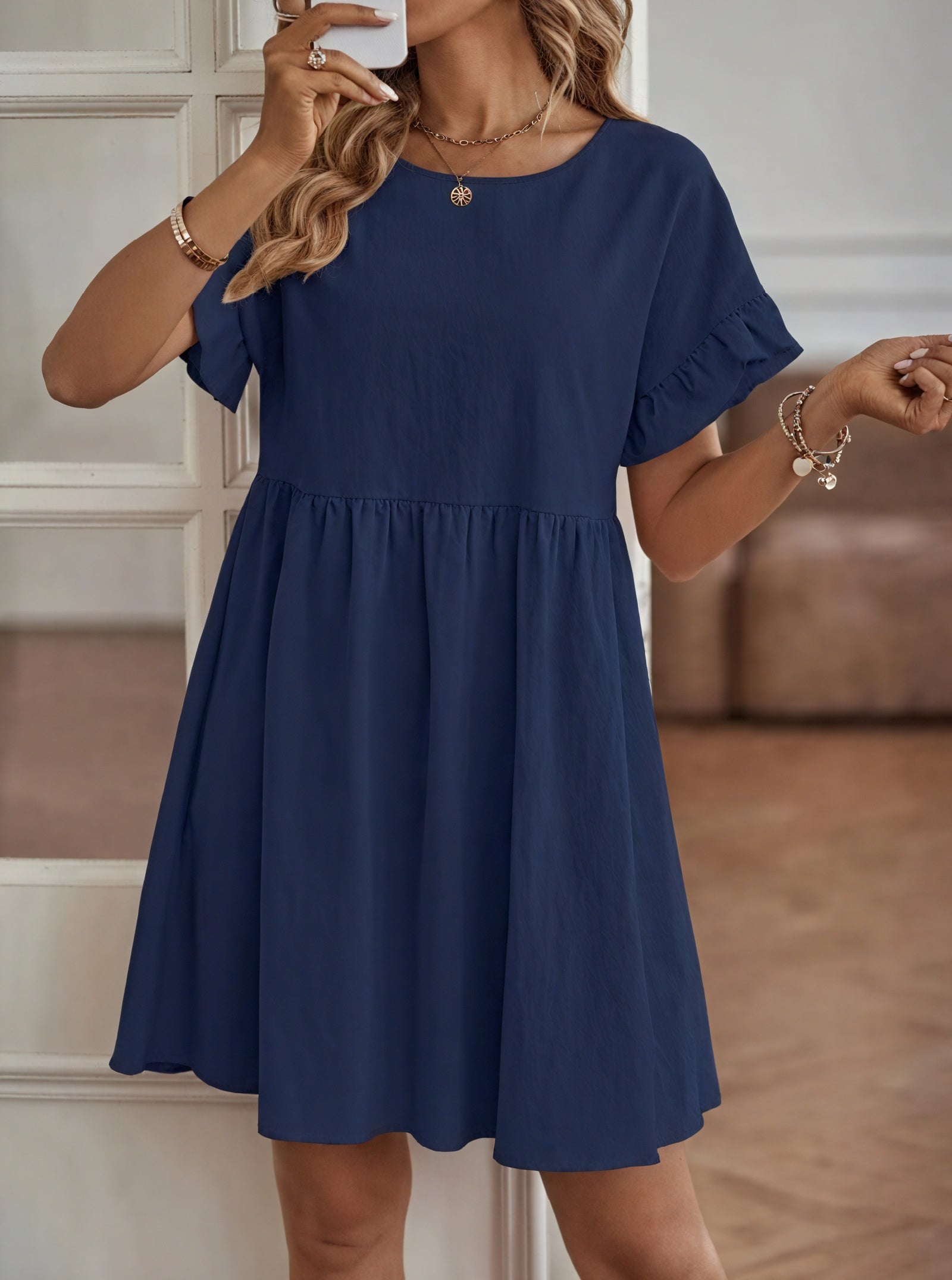 Robe Trapèze Femme Manches Courtes Volants Taille Froncée Casual-82588-498a67a5-8287-42ae-9126-be9a83149d38