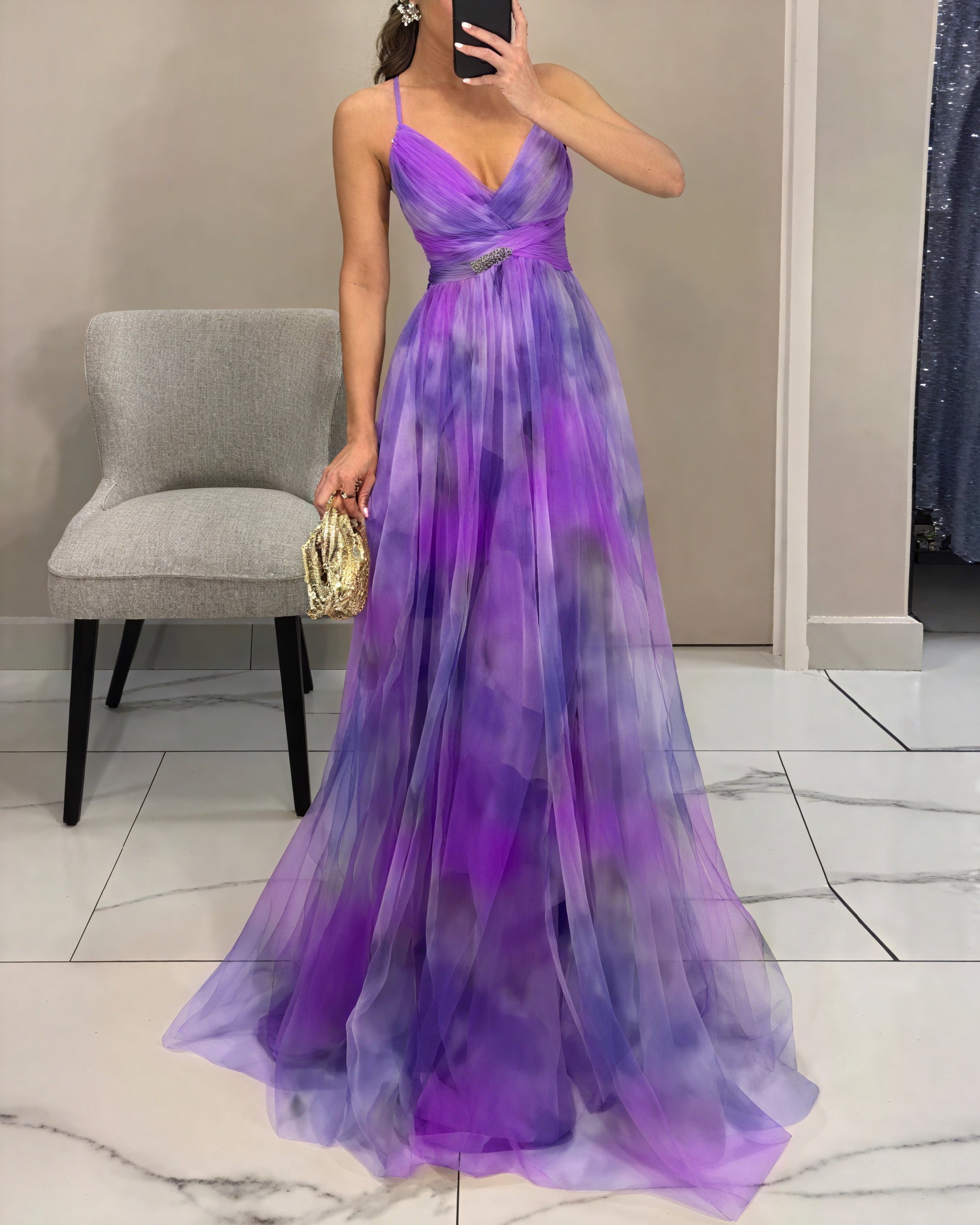 Robe Longue Imprimée Fluide Élégante Soirée Gala-Marais Paris-Violet-S-Marais Paris