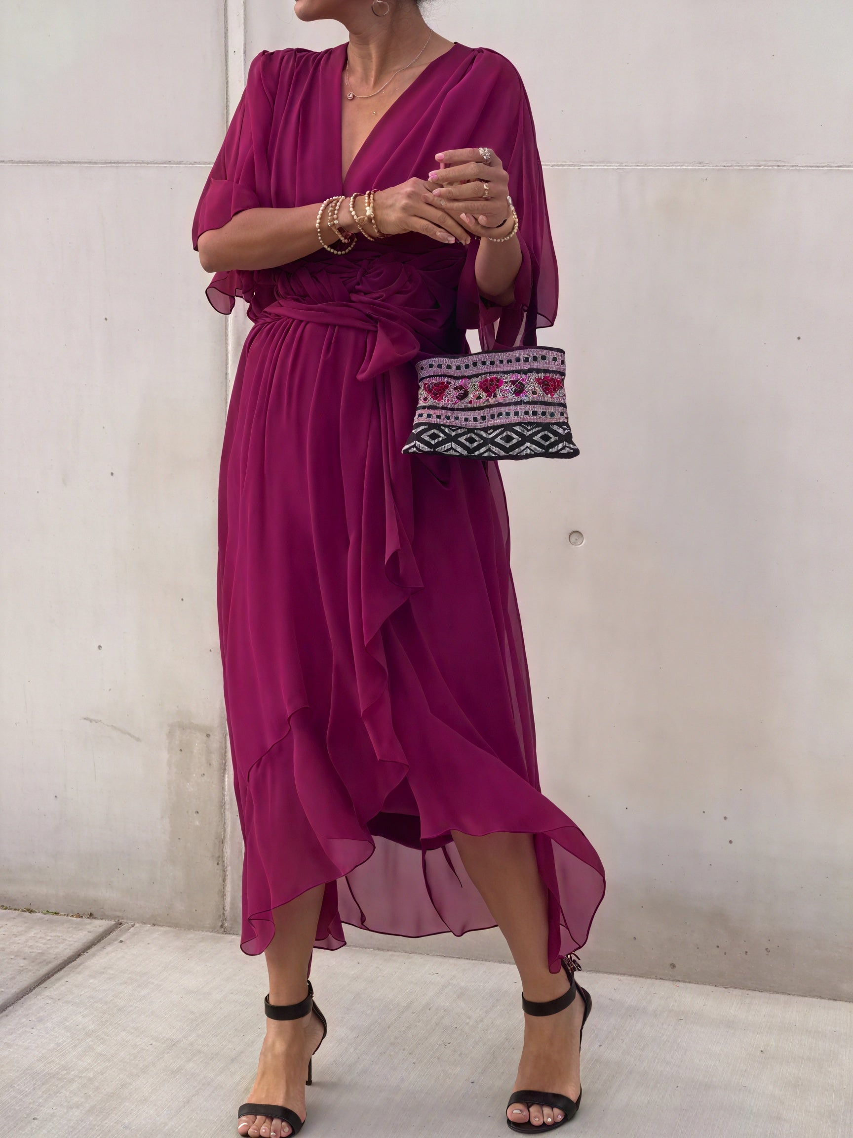 Robe Midi Fluide Coupe Enveloppante Décolleté V Manches Amples-Marais Paris-Violet Foncé-XS-Marais Paris