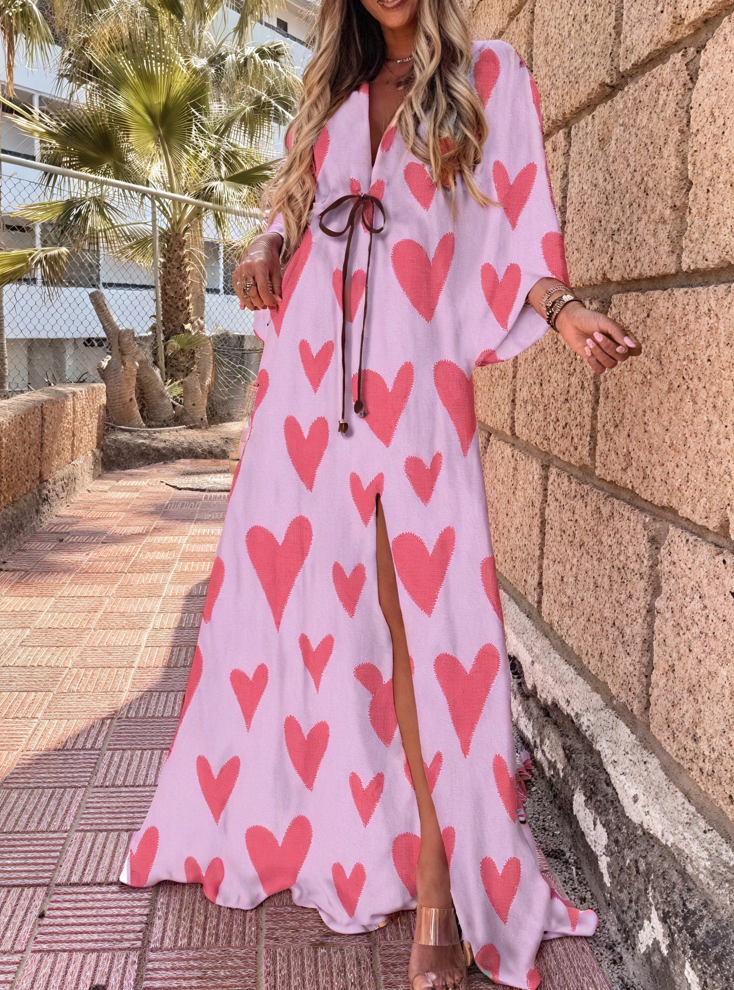 Robe Maxi Fluide Décolleté en V Manches Amples Fente Latérale-Dresses-Marais Paris-Rose-S-Marais Paris