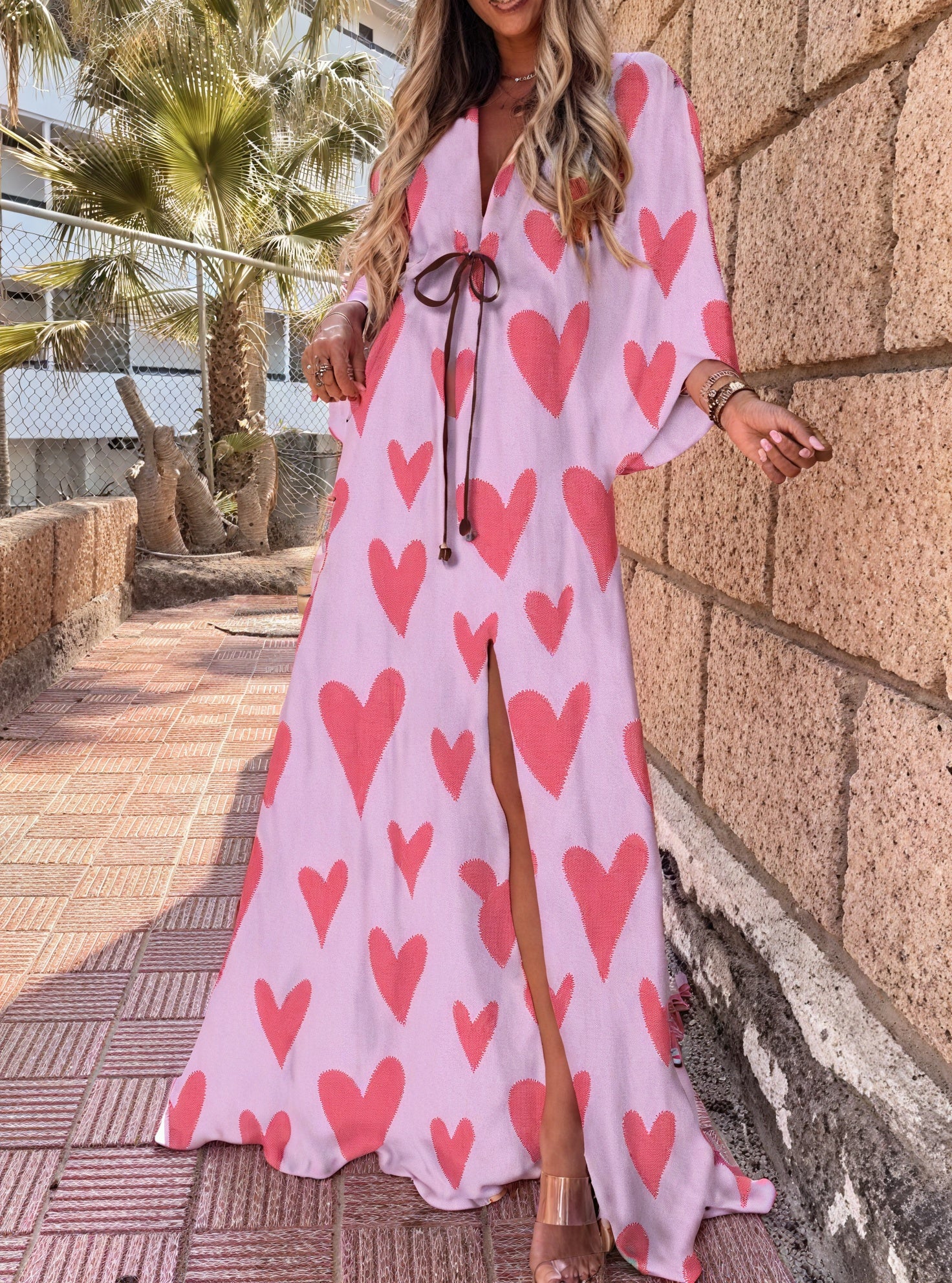 Robe Maxi Fluide Décolleté en V Manches Amples Fente Latérale-Dresses-Marais Paris-Rose-S-Marais Paris