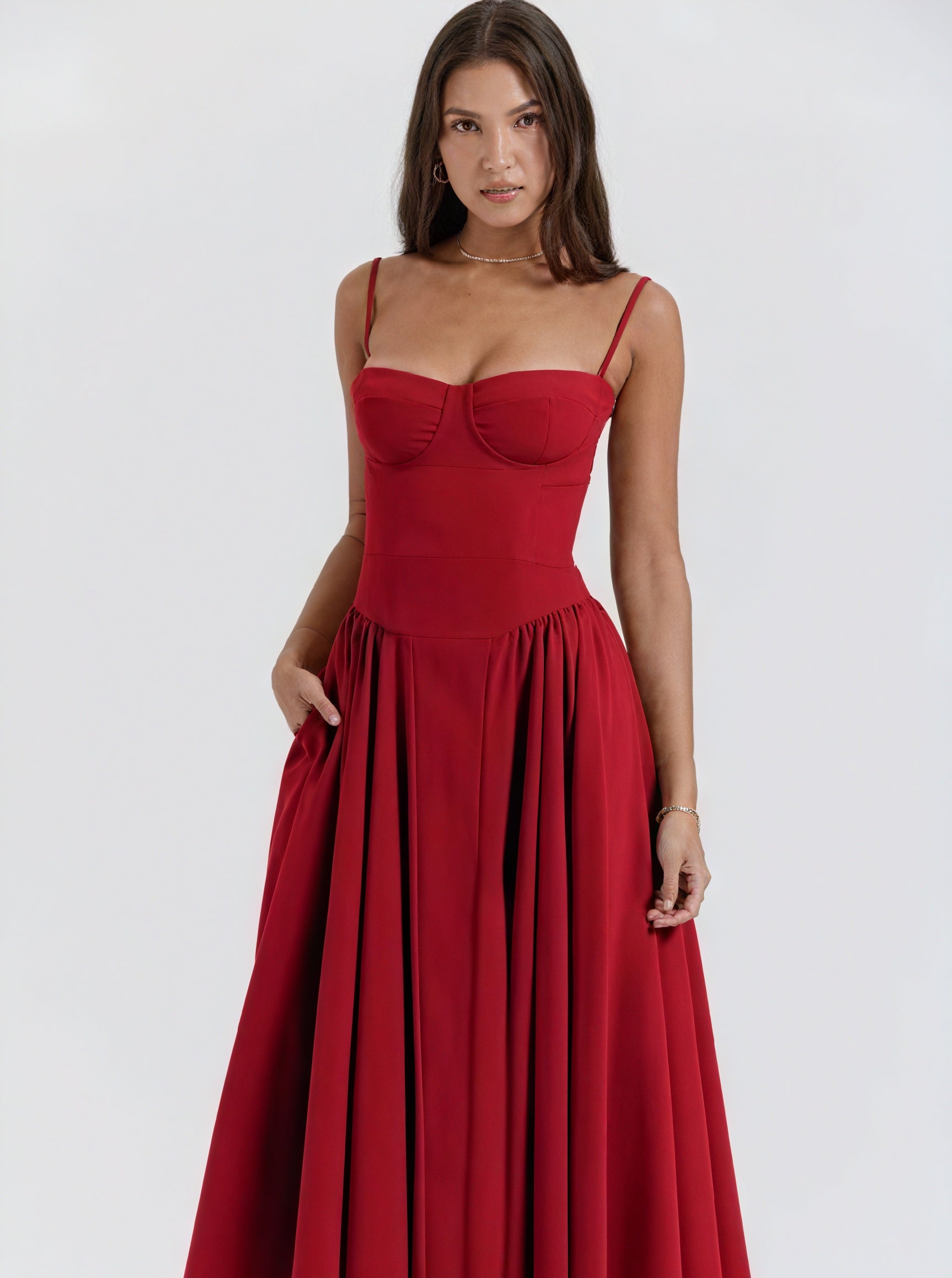 Robe Midi/Maxi Élégante – Corsage Structuré, Jupe Évasée-Dresses-Marais Paris-Rouge-S-Marais Paris