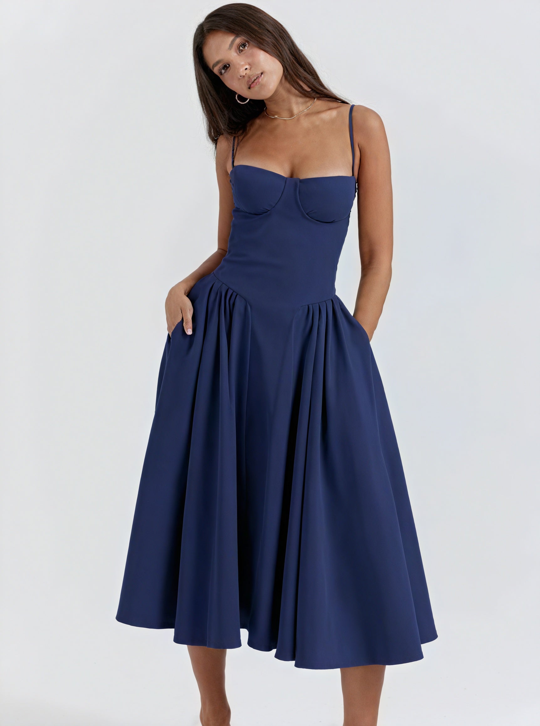 Robe Midi/Maxi Élégante – Corsage Structuré, Jupe Évasée-Dresses-Marais Paris-Bleu-S-Marais Paris