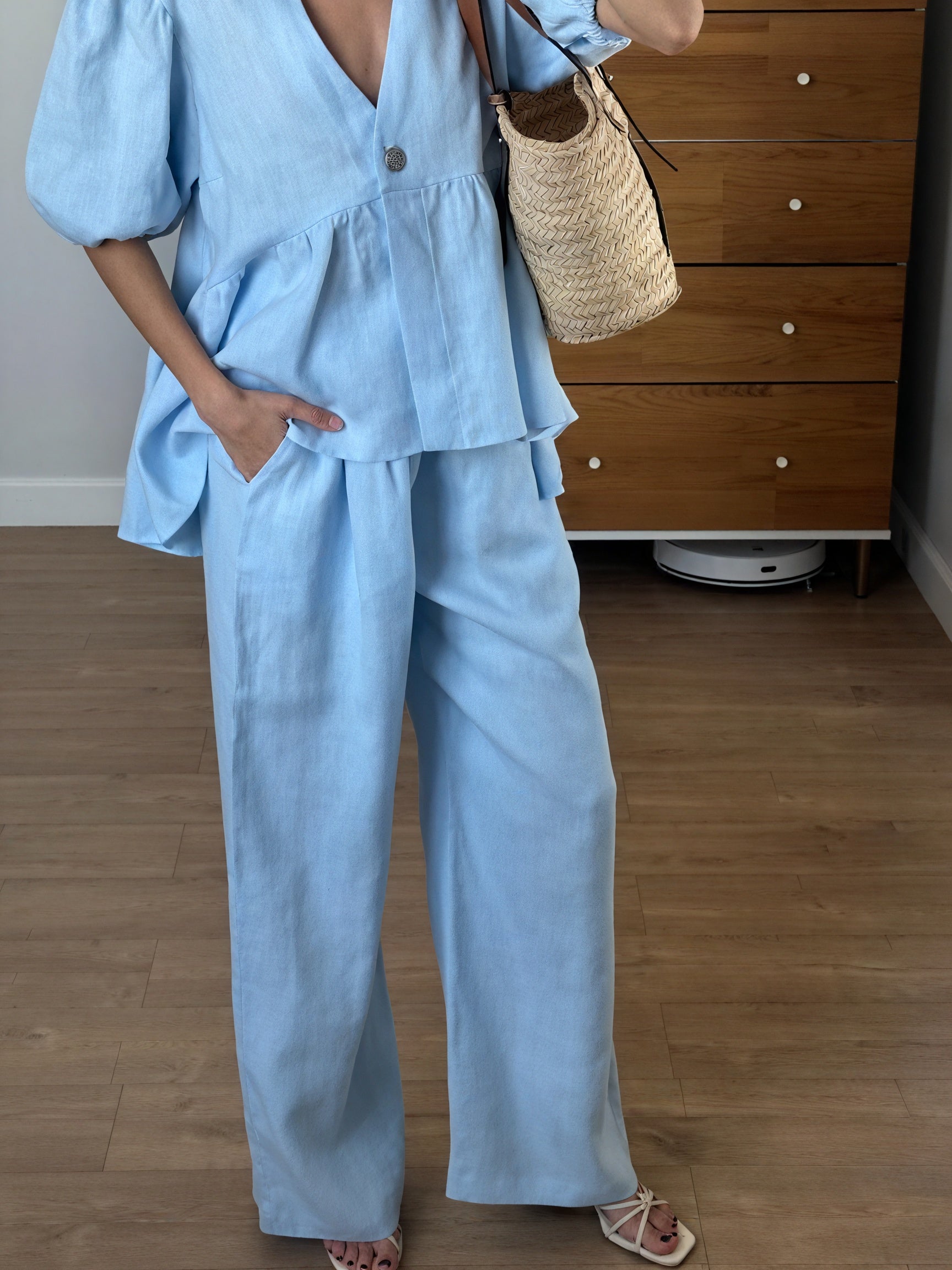 Marais Paris Ensemble Deux Pièces Femme Lin – Haut Col V Manches Bouffantes & Pantalon Large-83274-554f8dfe-babb-4d72-a6ab-1ab05533a1fb