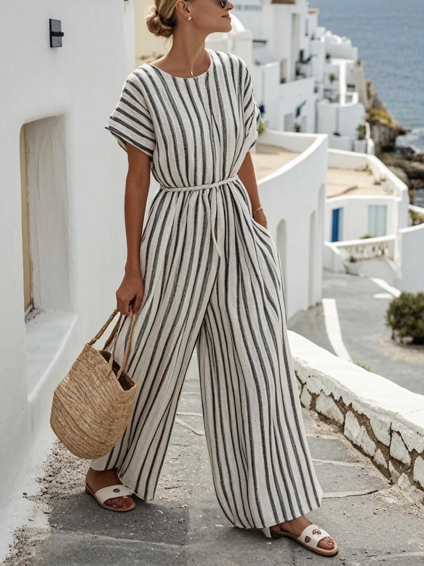 Marais Paris Combinaison Femme Rayée Ample – Jambe Large, Ceinturée, Manches Courtes, Tissu Léger-83287-2d391c01-1a11-49eb-8499-968cbdea13c4