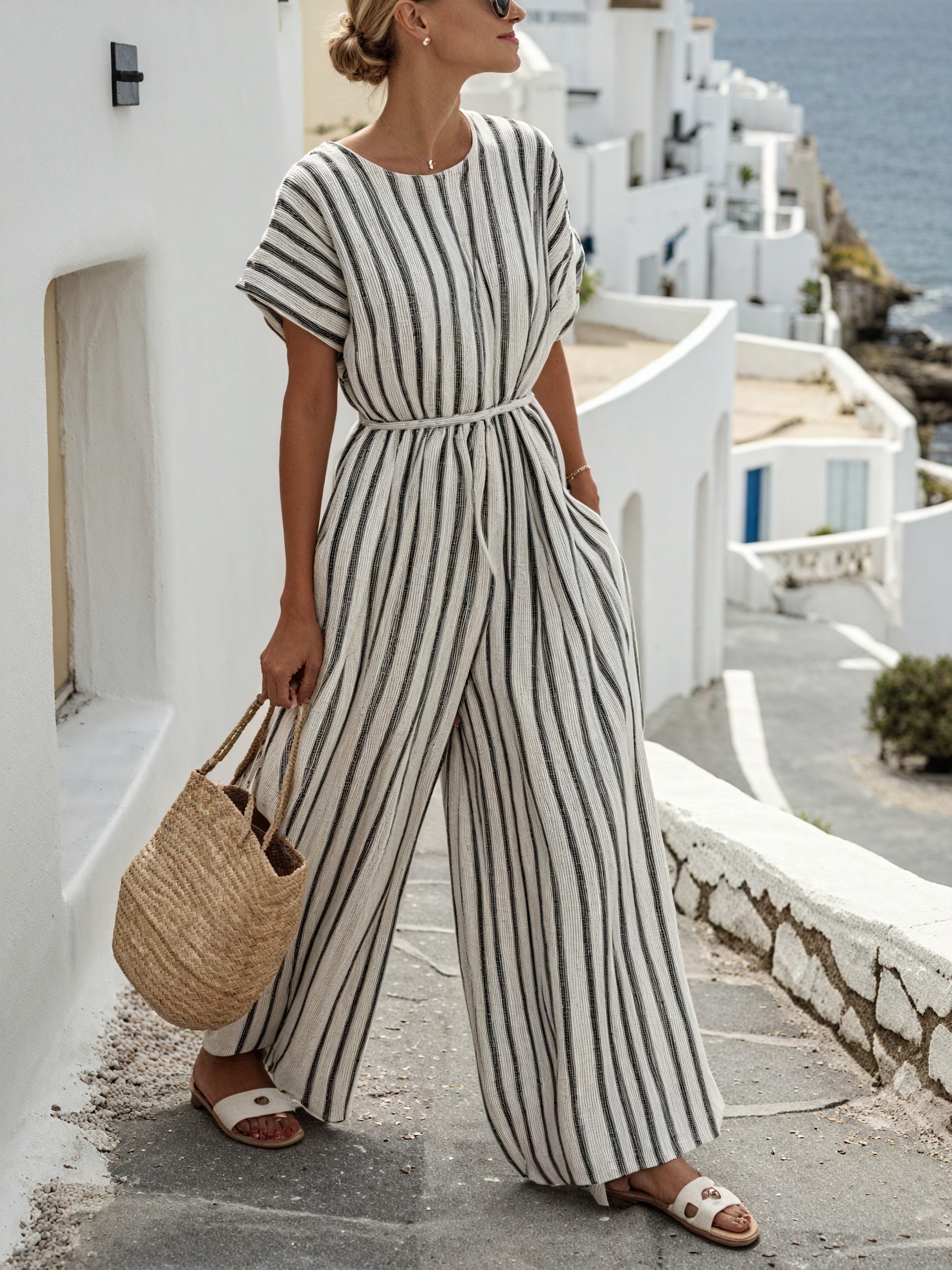 Marais Paris Combinaison Femme Rayée Ample – Jambe Large, Ceinturée, Manches Courtes, Tissu Léger-83287-2d391c01-1a11-49eb-8499-968cbdea13c4