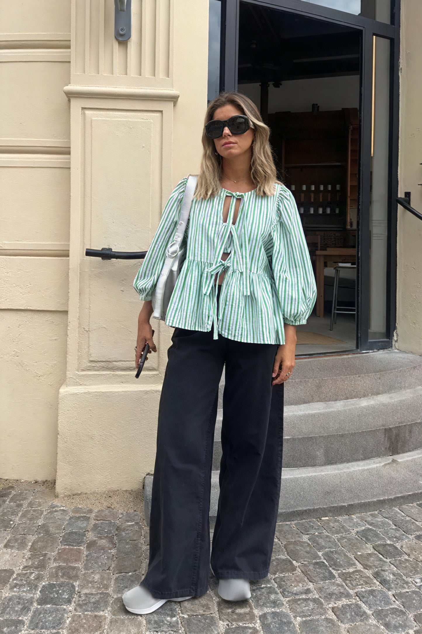 Chemisier Femme Rayé Vert Blanc Nœud Avant Manches Bouffantes-83297-da3f2257-0a11-4128-a5cc-087663853bfb