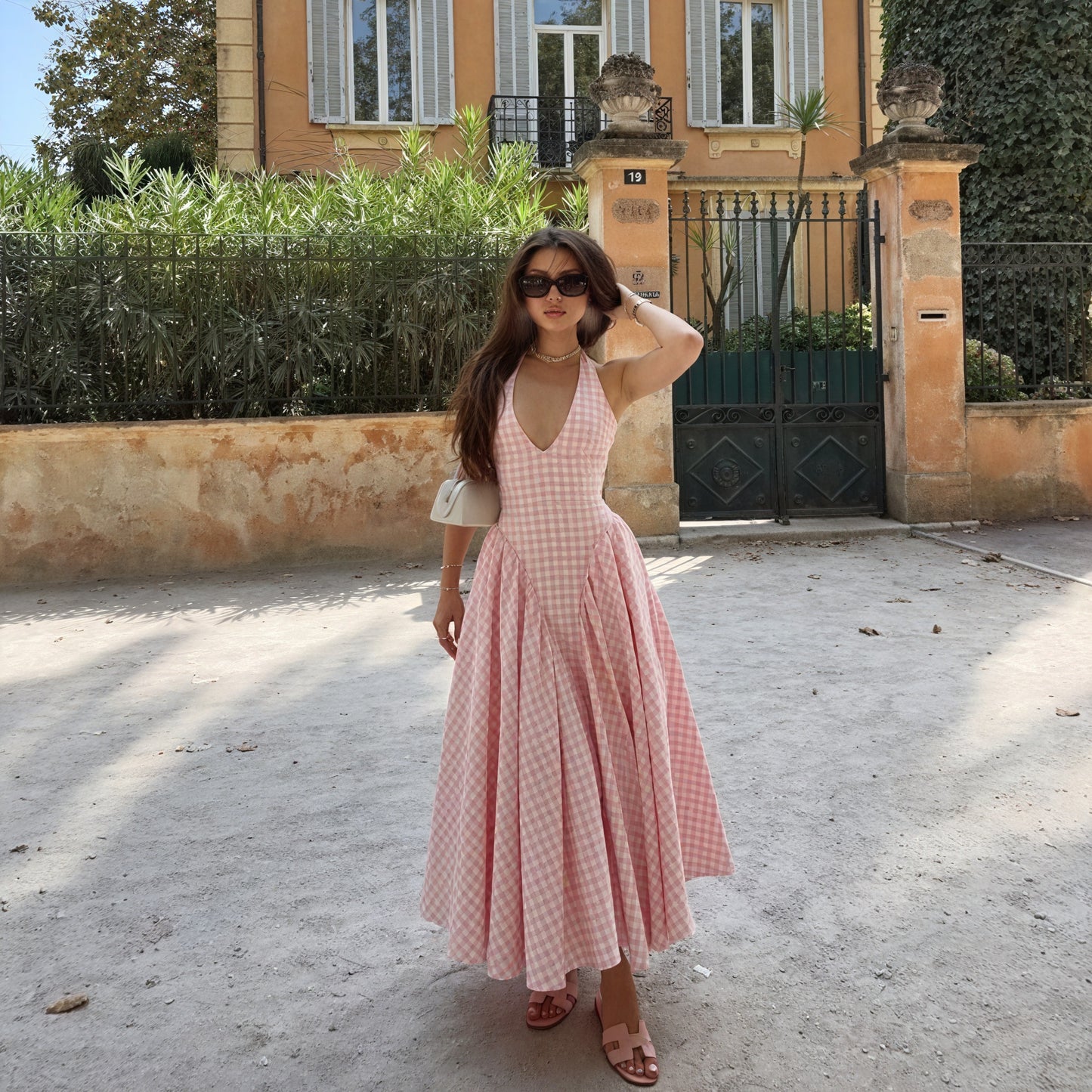 Robe Midi Femme – Motif Vichy Rose Blanc, Col V, Jupe Plissée-83586-20403f6a-230a-4bc0-85ca-29941f02a043