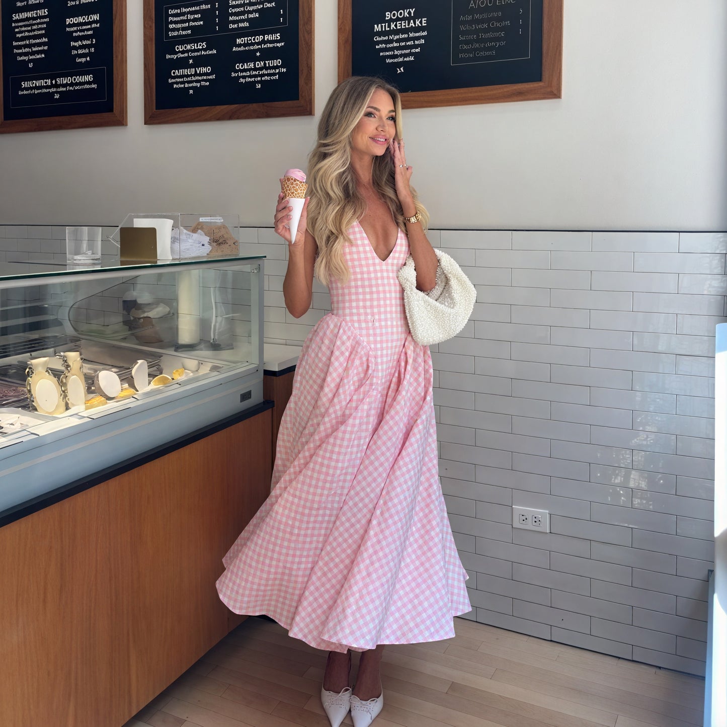 Robe Midi Femme – Motif Vichy Rose Blanc, Col V, Jupe Plissée-83586-323438b6-2cee-4b0f-9d9f-8737f9b67f35