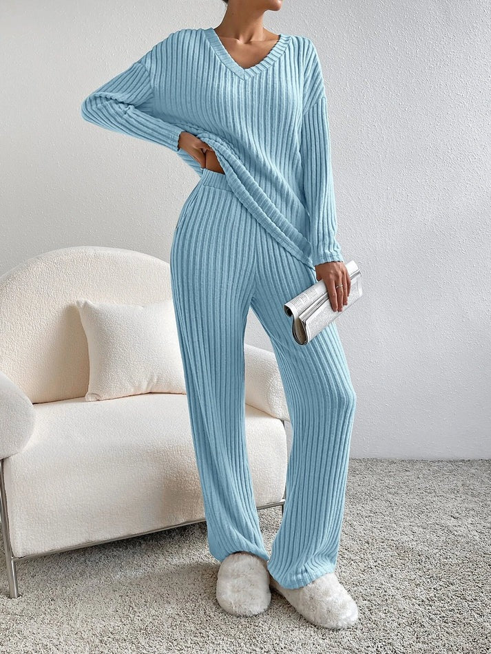 Ensemble Lounge Femme - Haut Col V, Pantalon Jambes Larges-Loungewear-Marais Paris-Bleu Ciel-S-Marais Paris