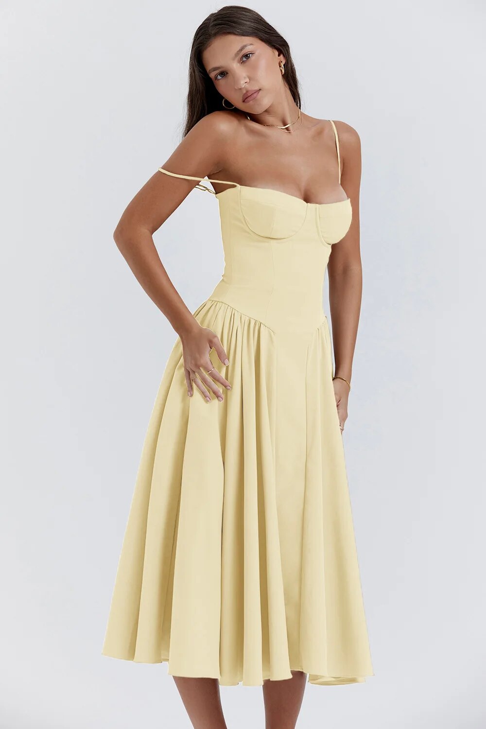 Robe Midi Femme – Bretelles Fines, Corsage Structuré, Jupe Plissée, Poches-83506-862f6699-3c6a-418e-90eb-1c5c67bf9eb1