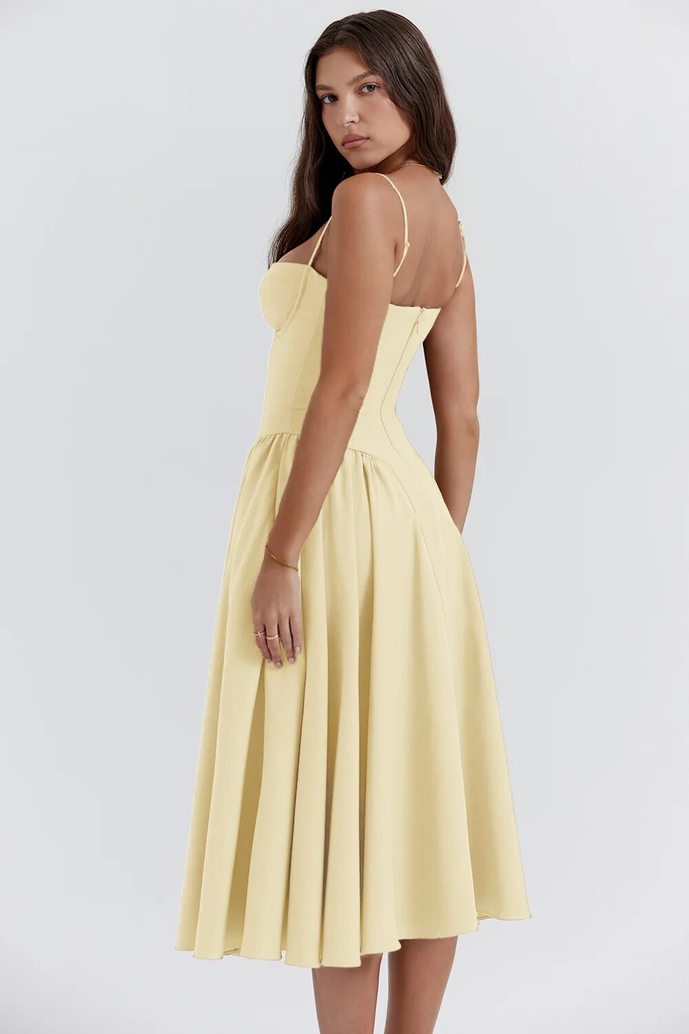Robe Midi Femme – Bretelles Fines, Corsage Structuré, Jupe Plissée, Poches-83506-8a7bcd37-e297-4c9c-9260-0a7cd7c2d8d3