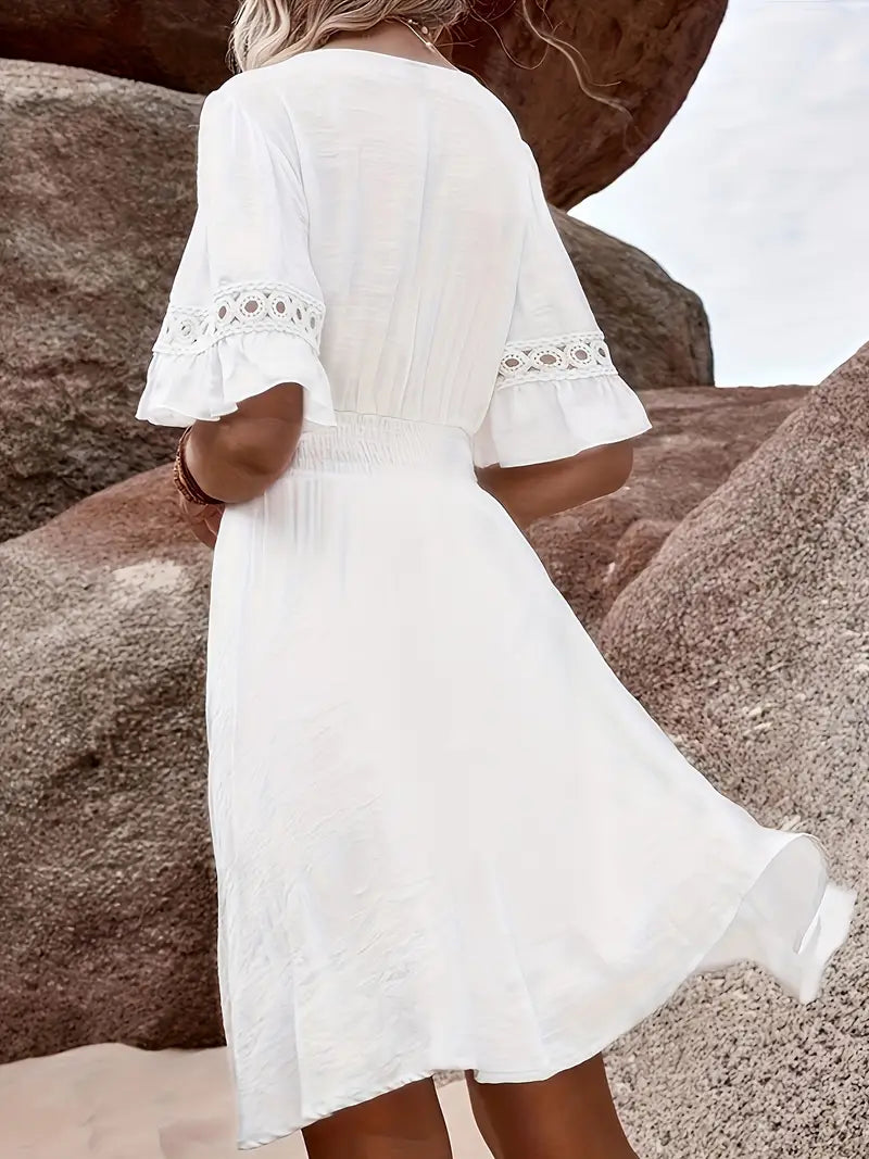 Robe Florale Bohème, Dentelle, Manches Bouffantes, Coupe Fluide-Dresses-Marais Paris-Marais Paris