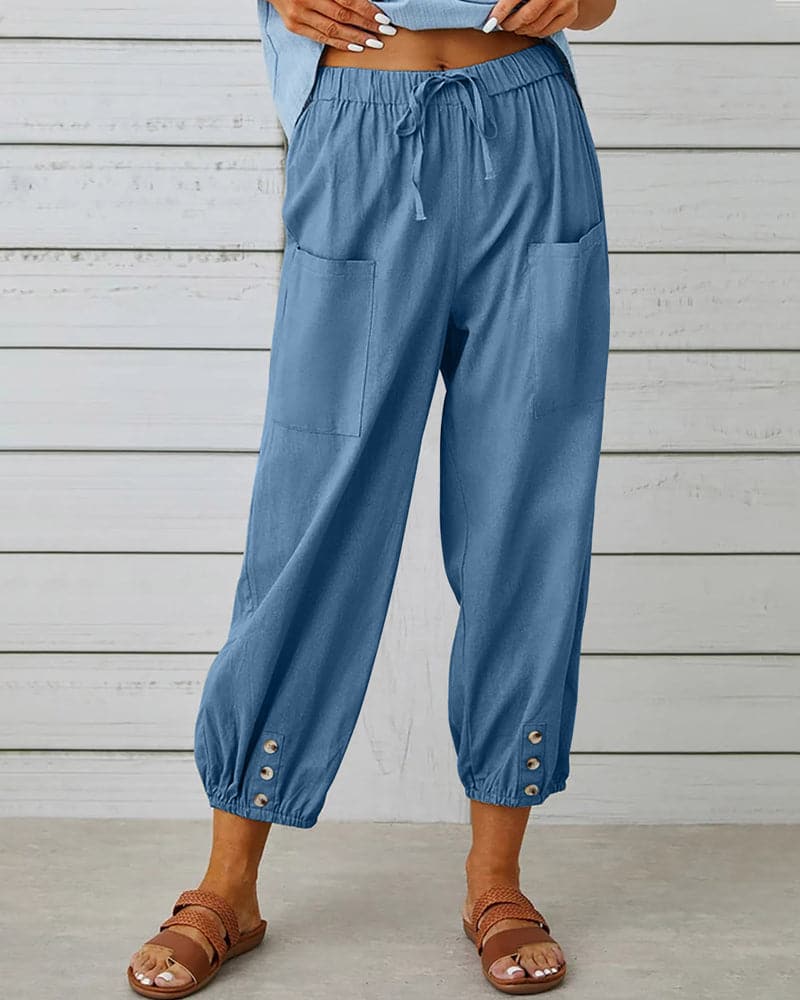 Marais Paris Women's Pants – Drawstring Waist, Ankle Button Detail, Front Pockets-83253-95cda545-ecd9-480b-9437-3a04cff0a07b