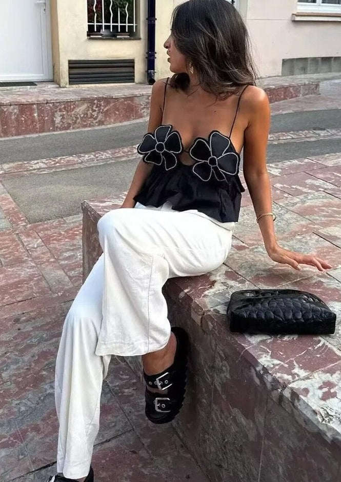 Haut Peplum Fleuri - Bretelles Spaghetti, Ornements Strass-Marais Paris-Marais Paris