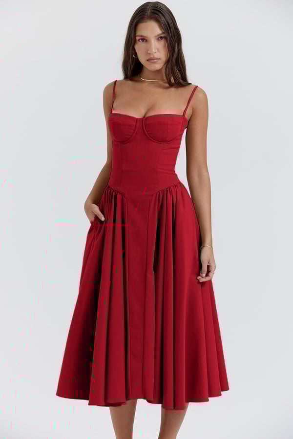 Robe Midi Femme – Bretelles Fines, Corsage Structuré, Jupe Plissée, Poches-83506-9896ebe8-61c9-4b84-a87a-51efccc804ad