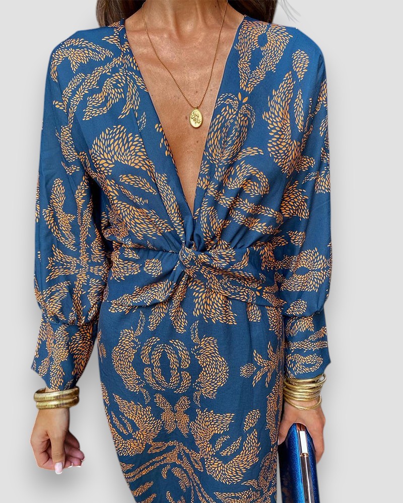 Robe Longue Femme – Imprimée Col V, Nœud Taille, Manches Longues-83293-9bbd0c1b-d296-49ad-8b72-dcf895a4ce8e