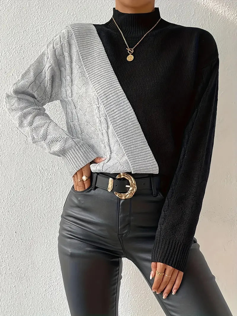 Pull Femme Col Roulé Color Block Maille Torsadée-54586-1de2af94-c89d-4057-9082-9007e22d5d9f