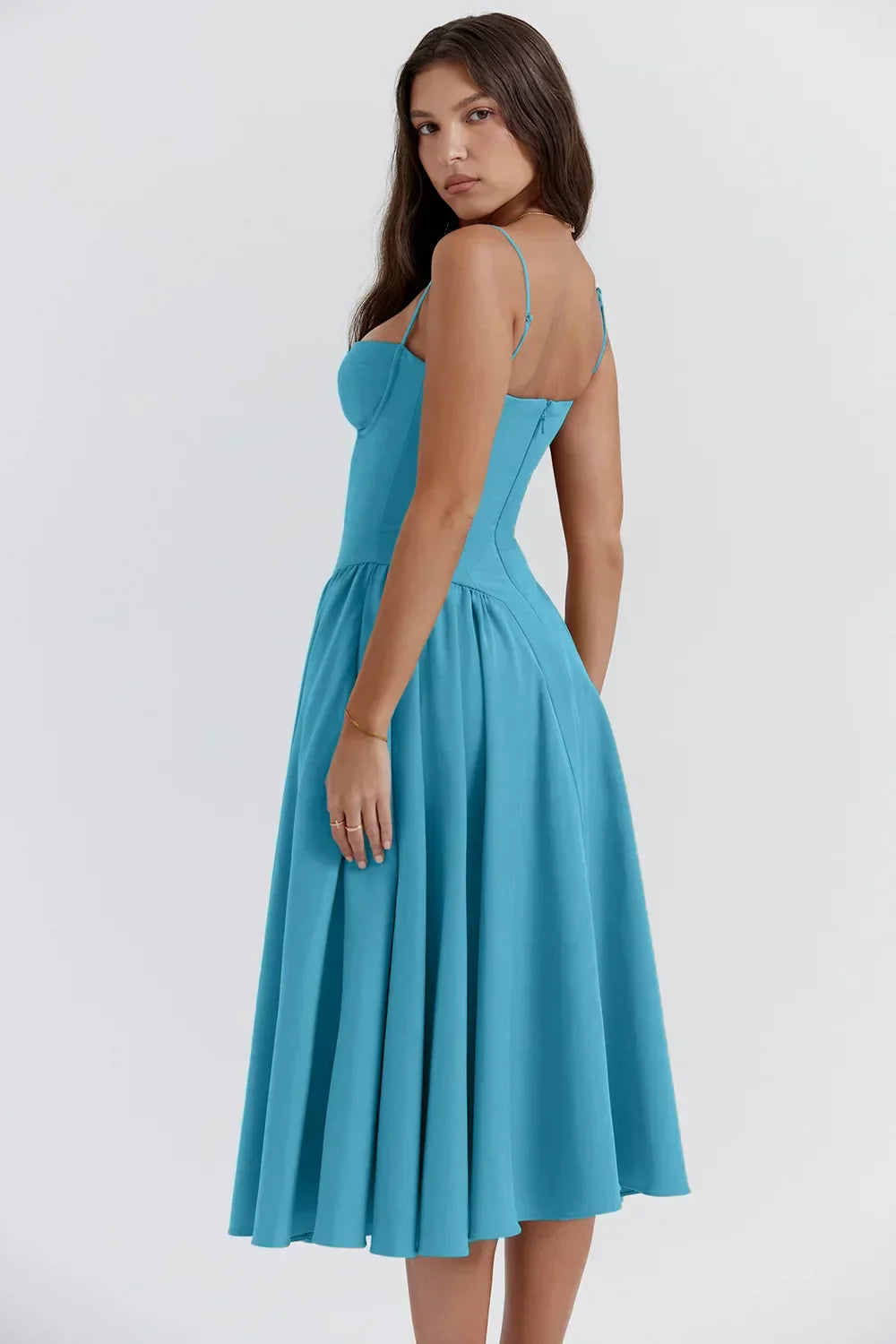Robe Midi Femme – Bretelles Fines, Corsage Structuré, Jupe Plissée, Poches-83506-9fcfcca2-3133-4c2d-b2b6-7ef4783de066