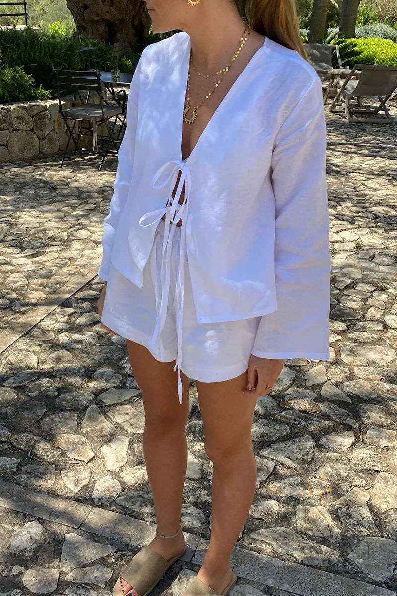 Femme Ensemble Deux Pièces Lin – Haut Manches Longues Noué Short Taille Élastique Décontracté-83296-a10f04bf-769e-4a13-b329-81119069d0ce