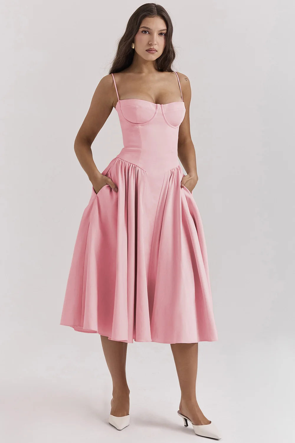 Robe Midi Femme – Bretelles Fines, Corsage Structuré, Jupe Plissée, Poches-83506-a84c6a0a-a4b6-466e-8f59-98e799bebe56