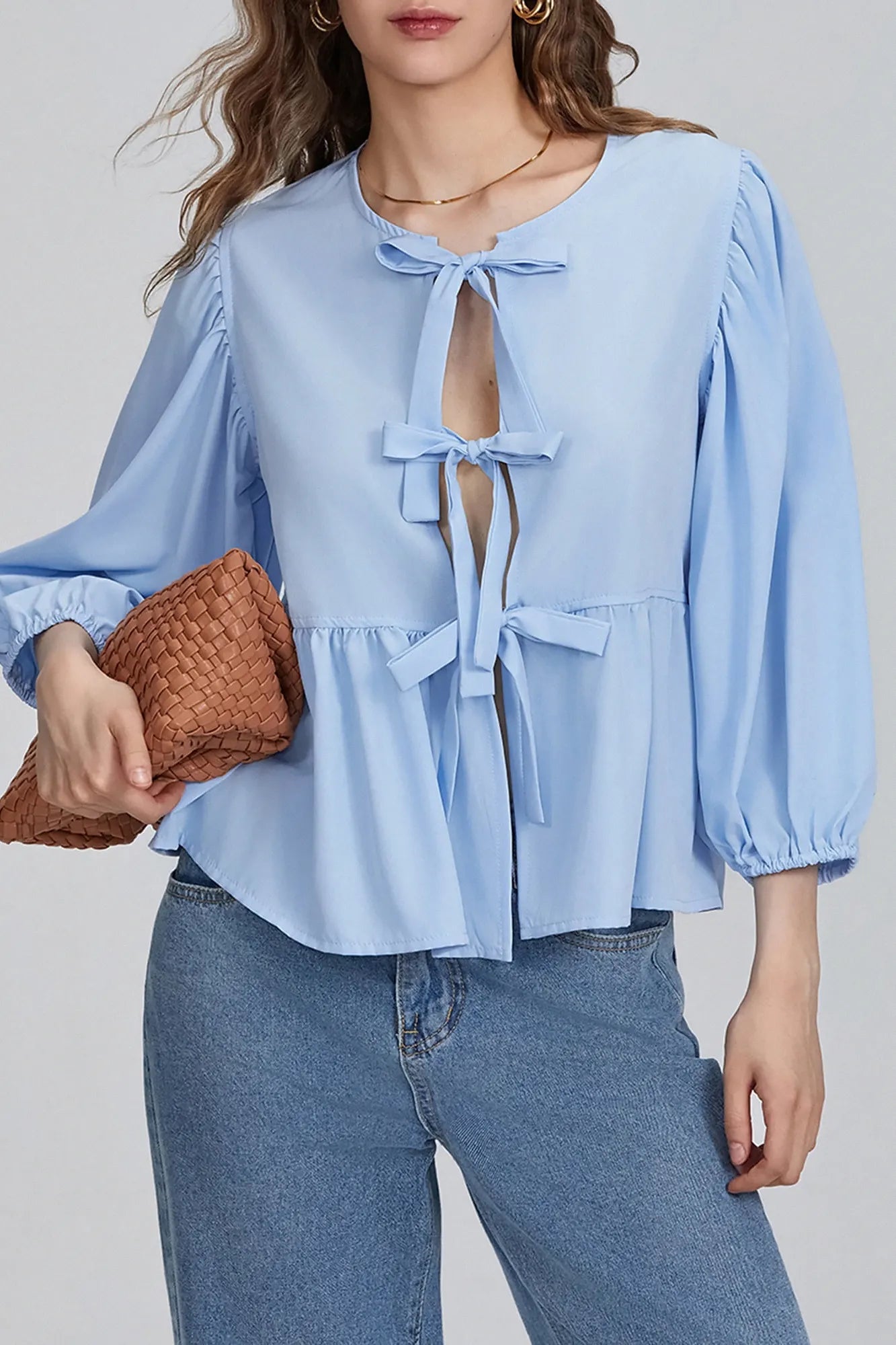 Marais Paris Blouse Femme – Nœud, Ourlet Péplum, Manches Trois-Quarts, Plusieurs Couleurs-83302-ab154e8d-4ed3-41ca-9a45-f88c71022531