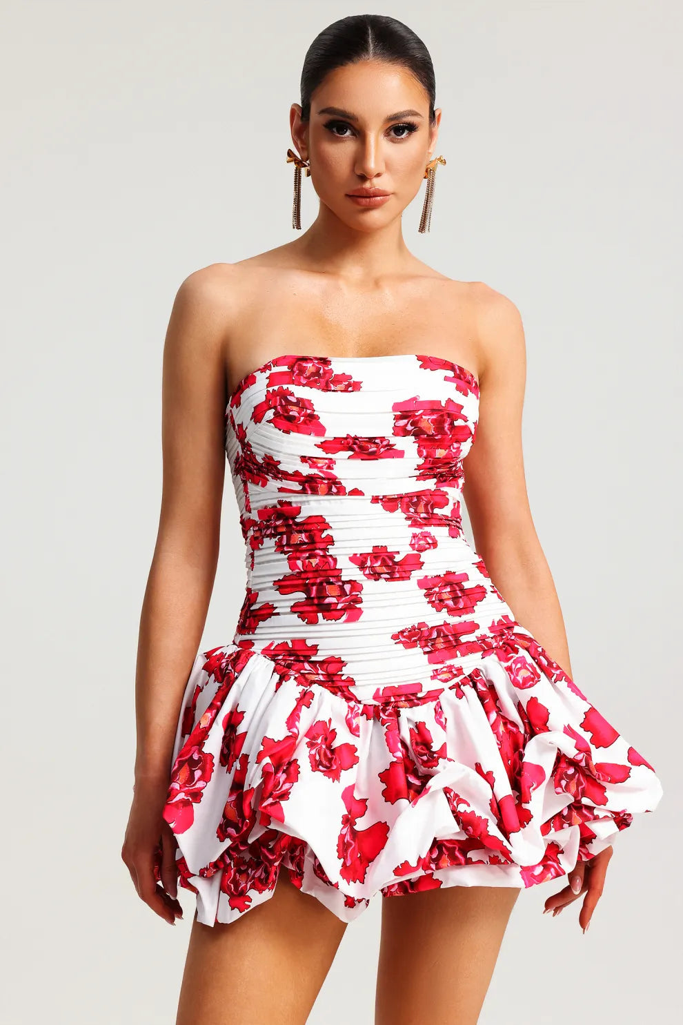 Robe Femme Sans Bretelles – Imprimé Floral, Jupe à Volants, Bustier Structuré, Élégante-83685-b1aee80b-a632-486d-854e-b78ef0a62cf9