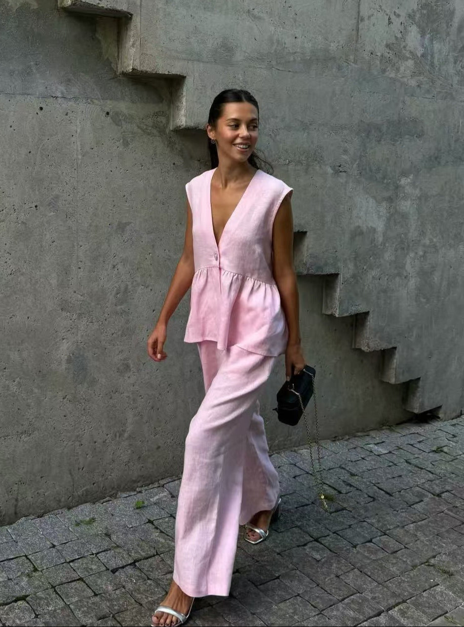 Marais Paris Ensemble Deux Pièces Femme – Lin Léger, Haut Sans Manches Col V & Pantalon Large-83272-b1eeada0-3c57-45d9-a700-d5eb9a76aeed