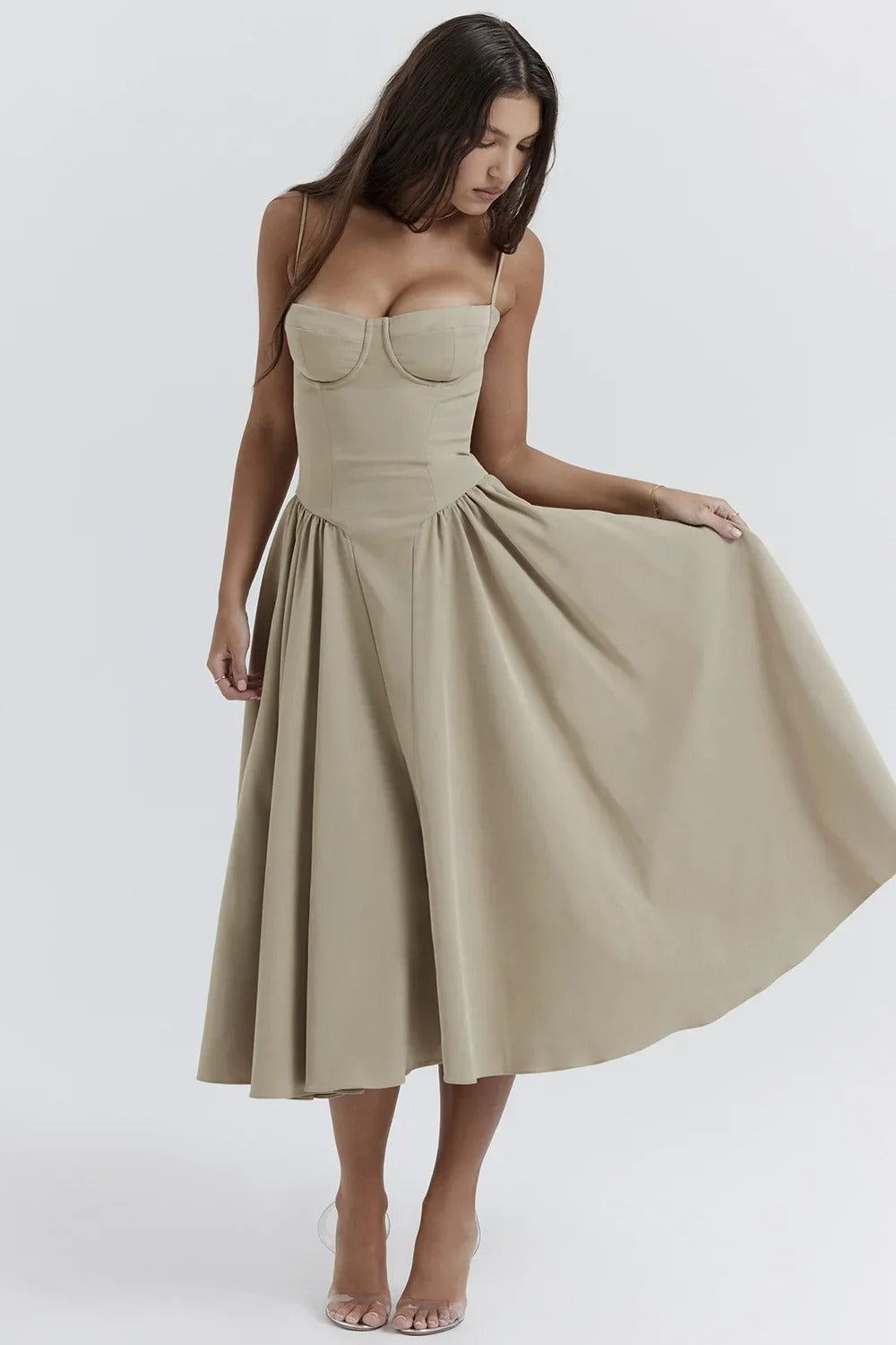Robe Midi Femme – Bretelles Fines, Corsage Structuré, Jupe Plissée, Poches-83506-b5d3d5e9-6194-4caf-8958-4d196807003b